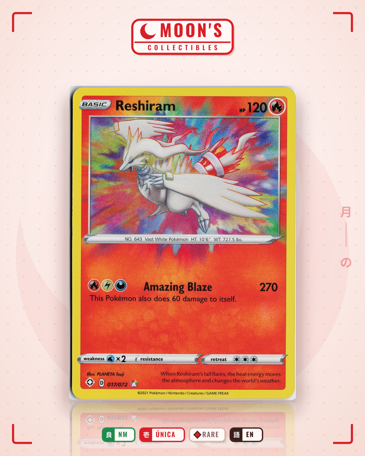 Carta Pokémon Reshiram · Shining Fates #017/072 (NM) — pieza única en Moon's Collectibles México