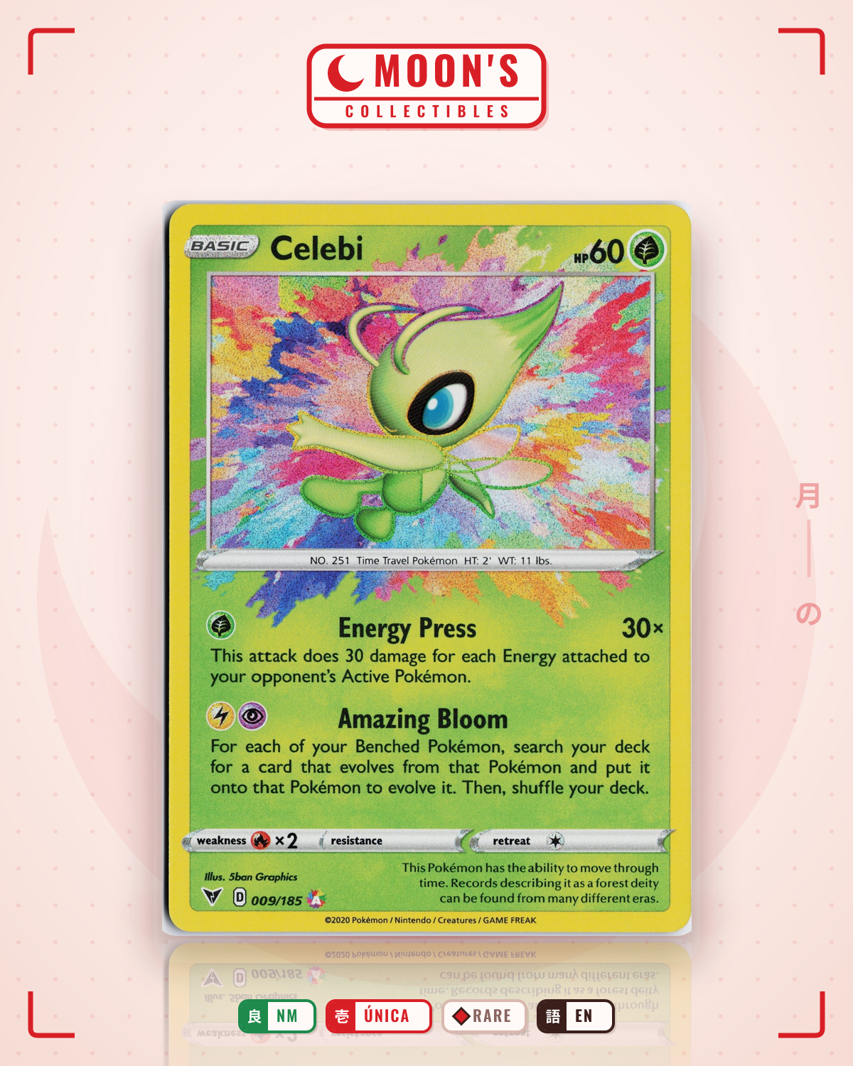Carta Pokémon Celebi · Vivid Voltage #009/185 (NM) — pieza única en Moon's Collectibles México