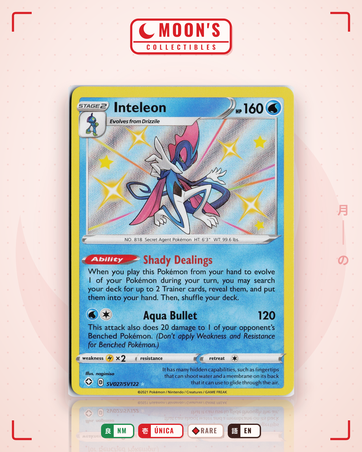 Carta Pokémon Inteleon · Shining Fates Shiny Vault #SV027/SV122 (NM) — pieza única en Moon's Collectibles México