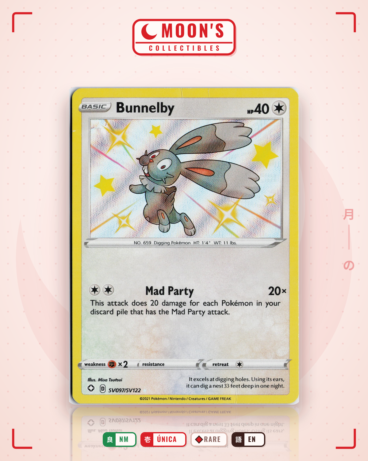 Carta Pokémon Bunnelby · Shining Fates Shiny Vault #SV097/SV122 (NM) — pieza única en Moon's Collectibles México
