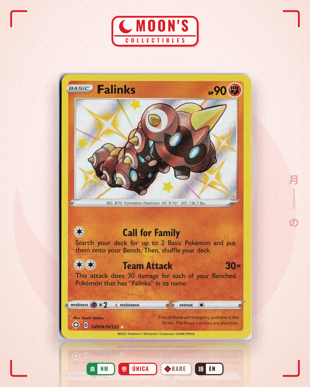 Carta Pokémon Falinks · Shining Fates Shiny Vault #SV074/SV122 (NM) — pieza única en Moon's Collectibles México