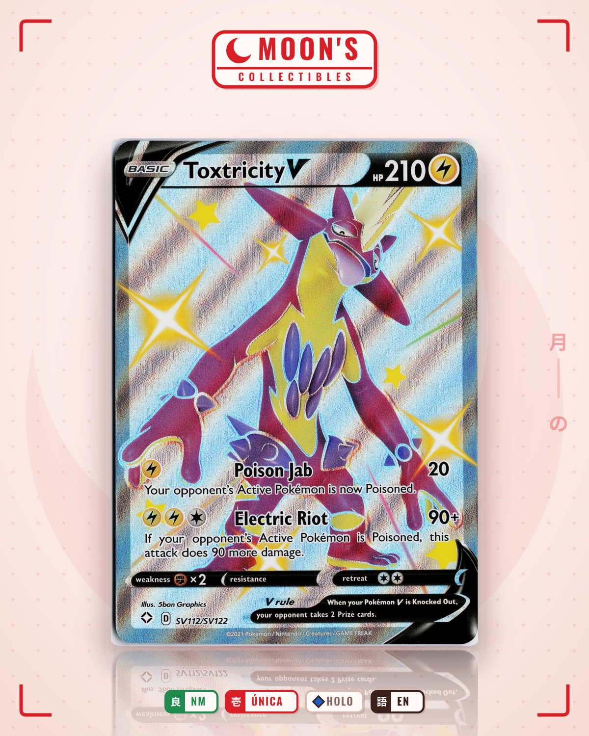 Carta Pokémon Toxtricity V · Shining Fates Shiny Vault #SV112/SV122 (NM) — pieza única en Moon's Collectibles México