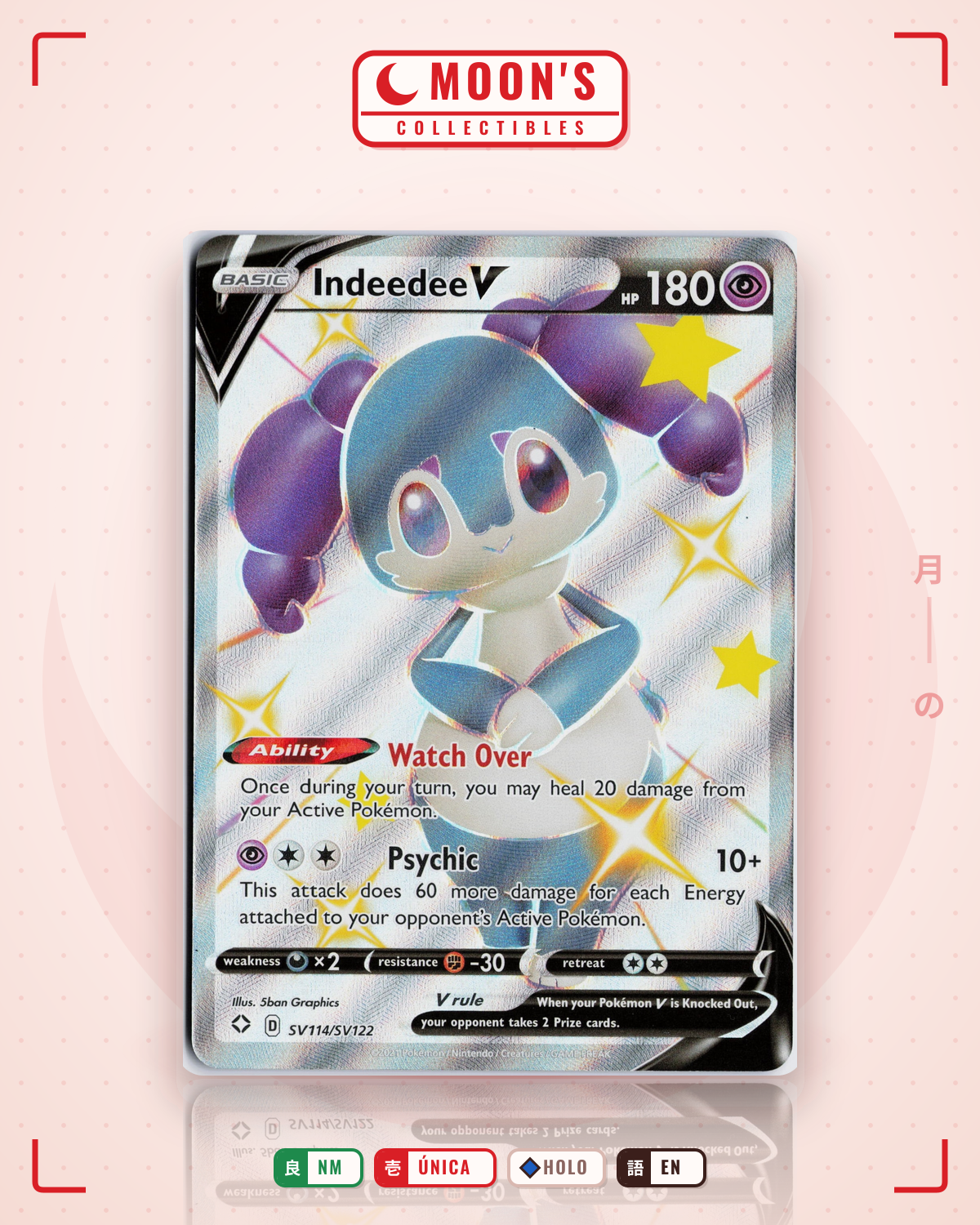 Carta Pokémon Indeedee V · Shining Fates Shiny Vault #SV114/SV122 (NM) — pieza única en Moon's Collectibles México