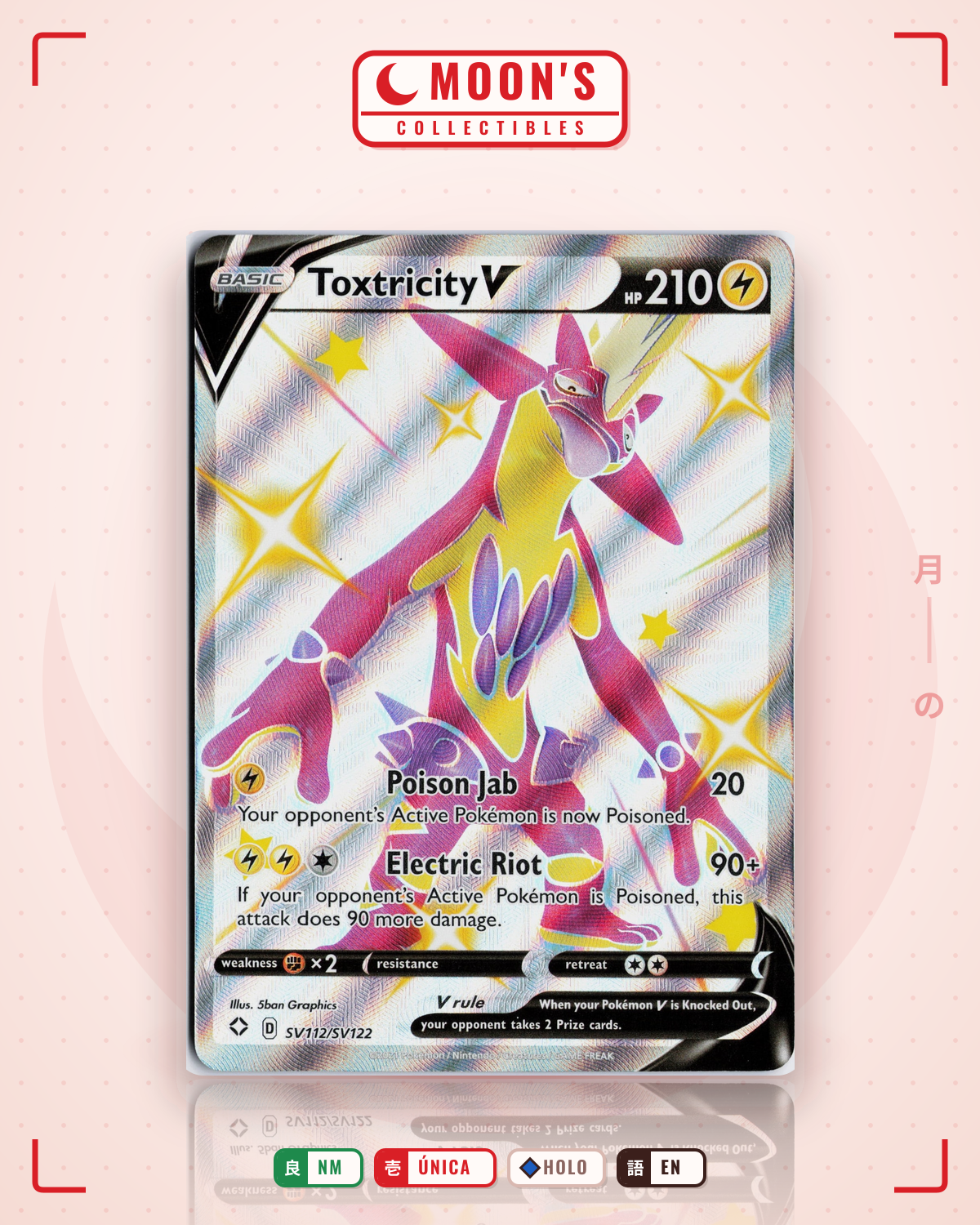 Carta Pokémon Toxtricity V · Shining Fates Shiny Vault #SV112/SV122 (NM) — pieza única en Moon's Collectibles México