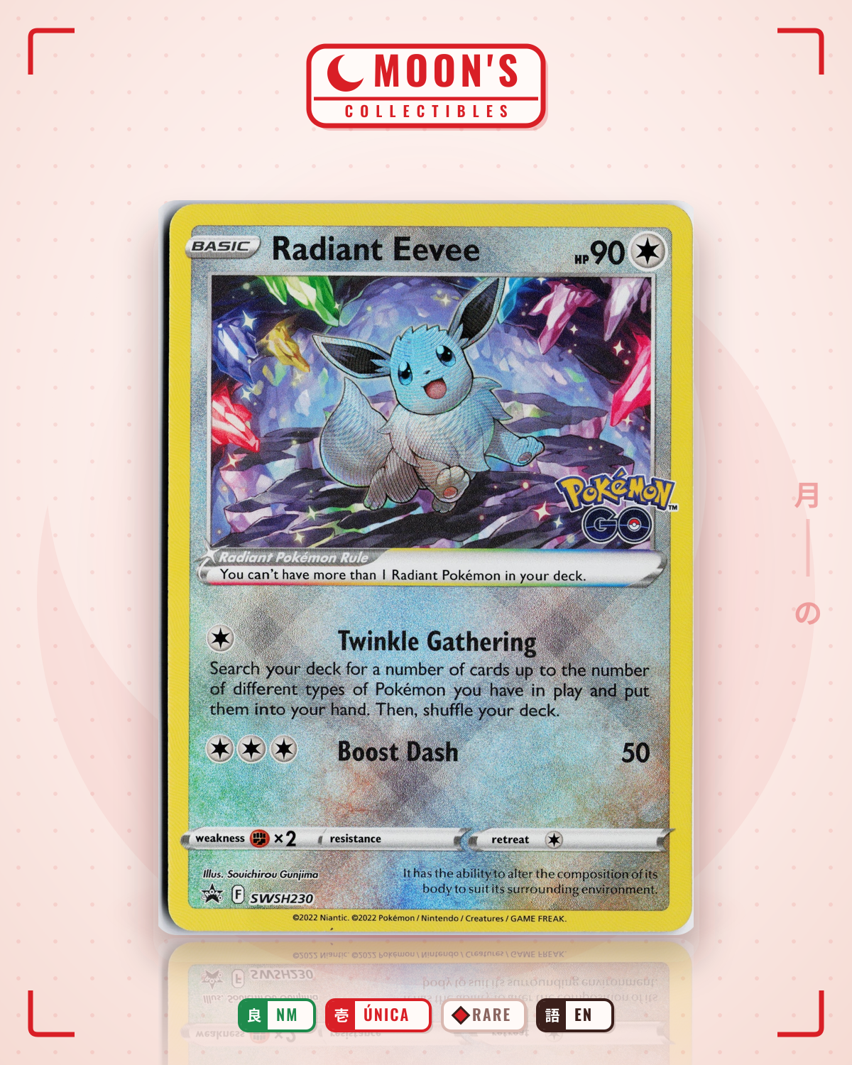 Carta Pokémon Radiant Eevee · SWSH Black Star Promos #SWSH230 (NM) — pieza única en Moon's Collectibles México
