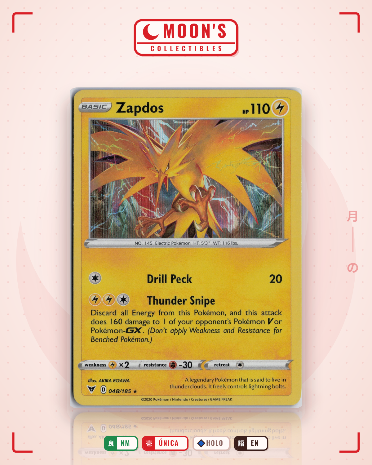 Carta Pokémon Zapdos · Vivid Voltage #048/185 (NM) — pieza única en Moon's Collectibles México