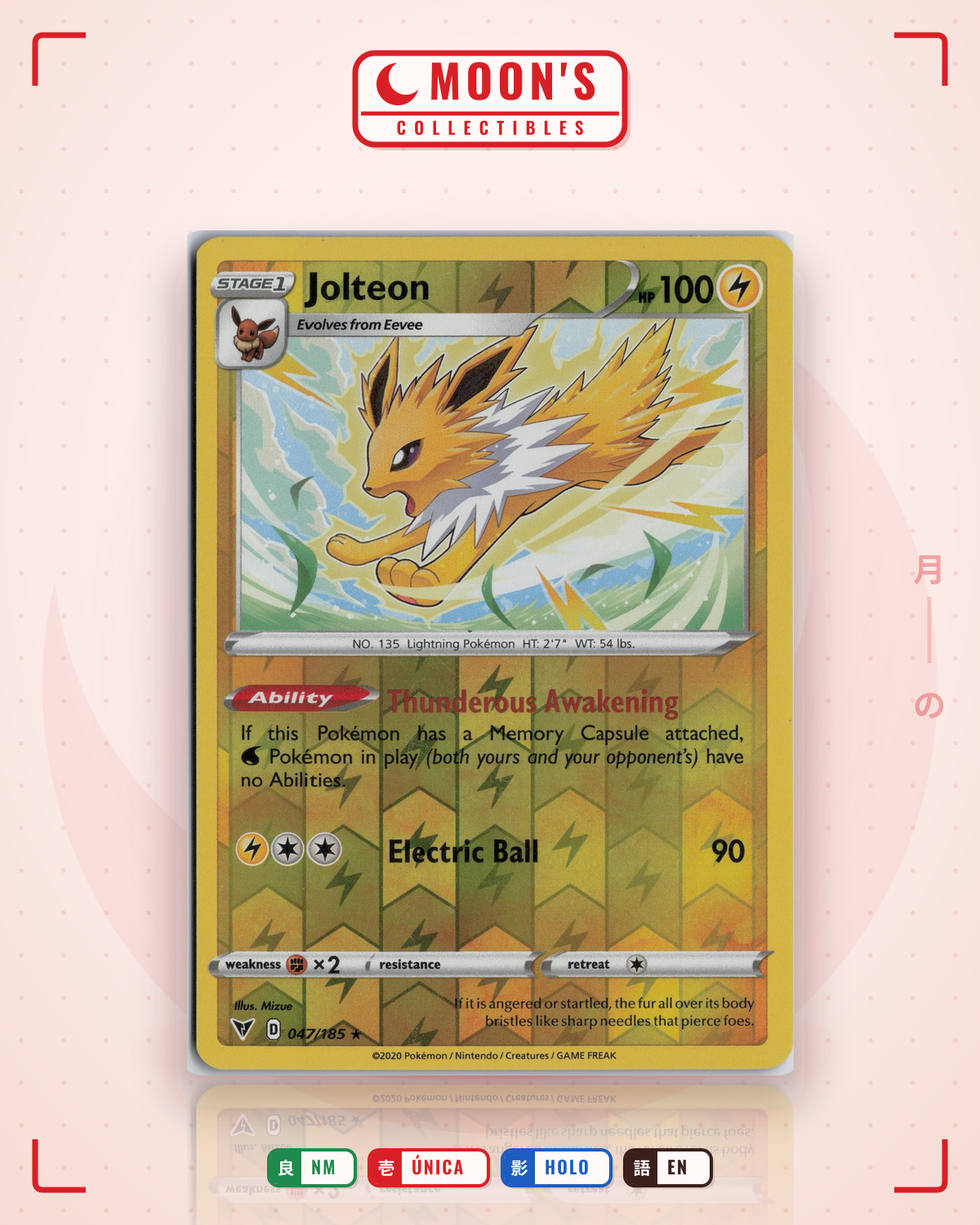 Carta Pokémon Jolteon · Vivid Voltage #047/185 (NM) — pieza única en Moon's Collectibles México