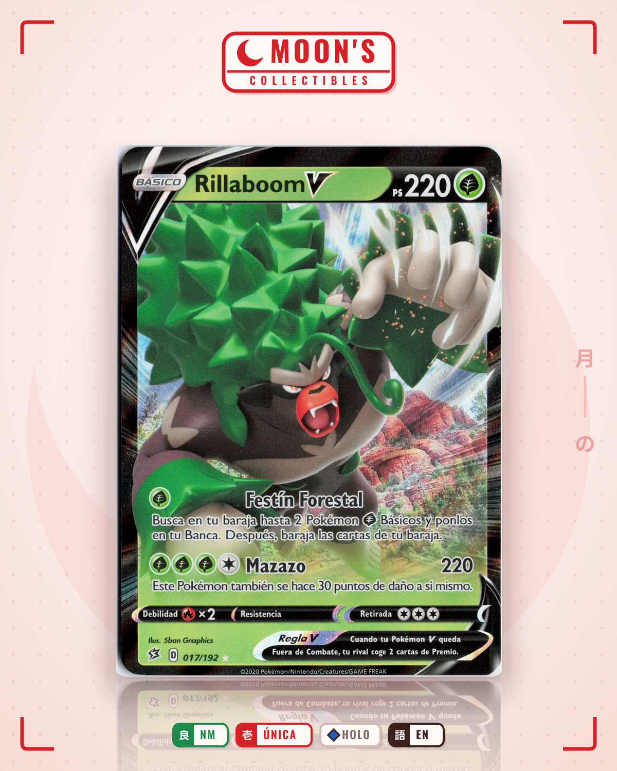 Carta Pokémon Rillaboom V · Rebel Clash #017/192 (NM) — pieza única en Moon's Collectibles México