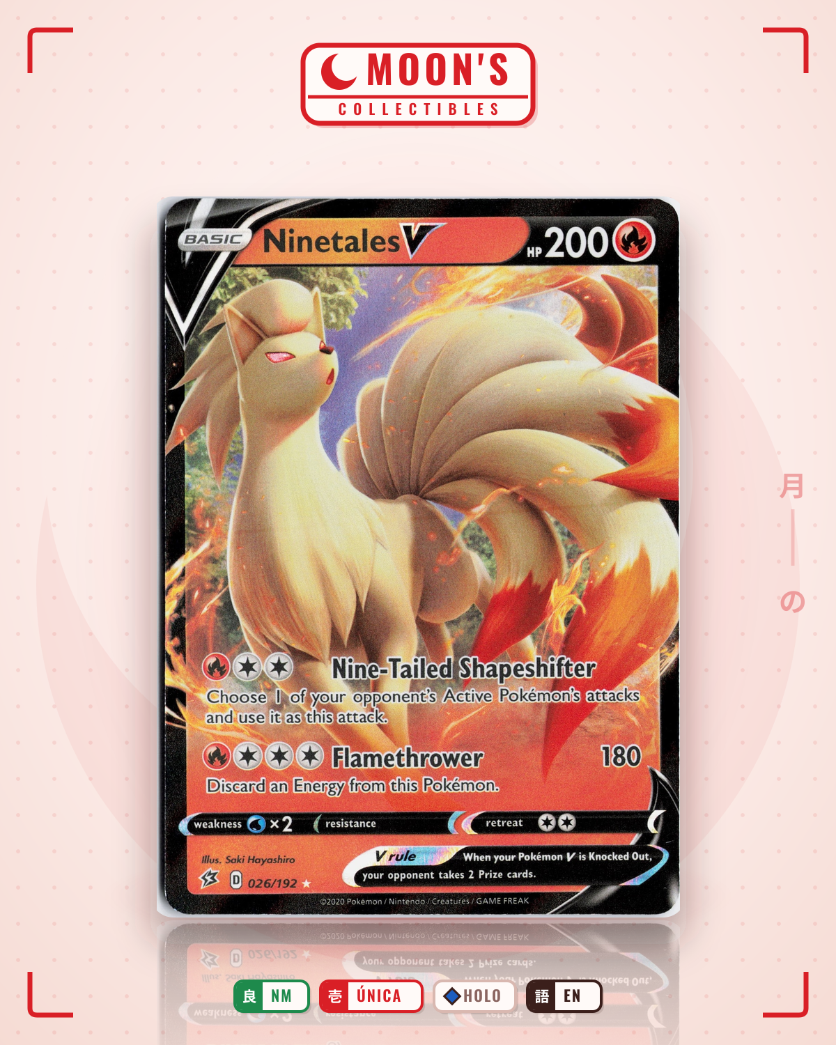 Carta Pokémon Ninetales V · Rebel Clash #026/192 (NM) — pieza única en Moon's Collectibles México