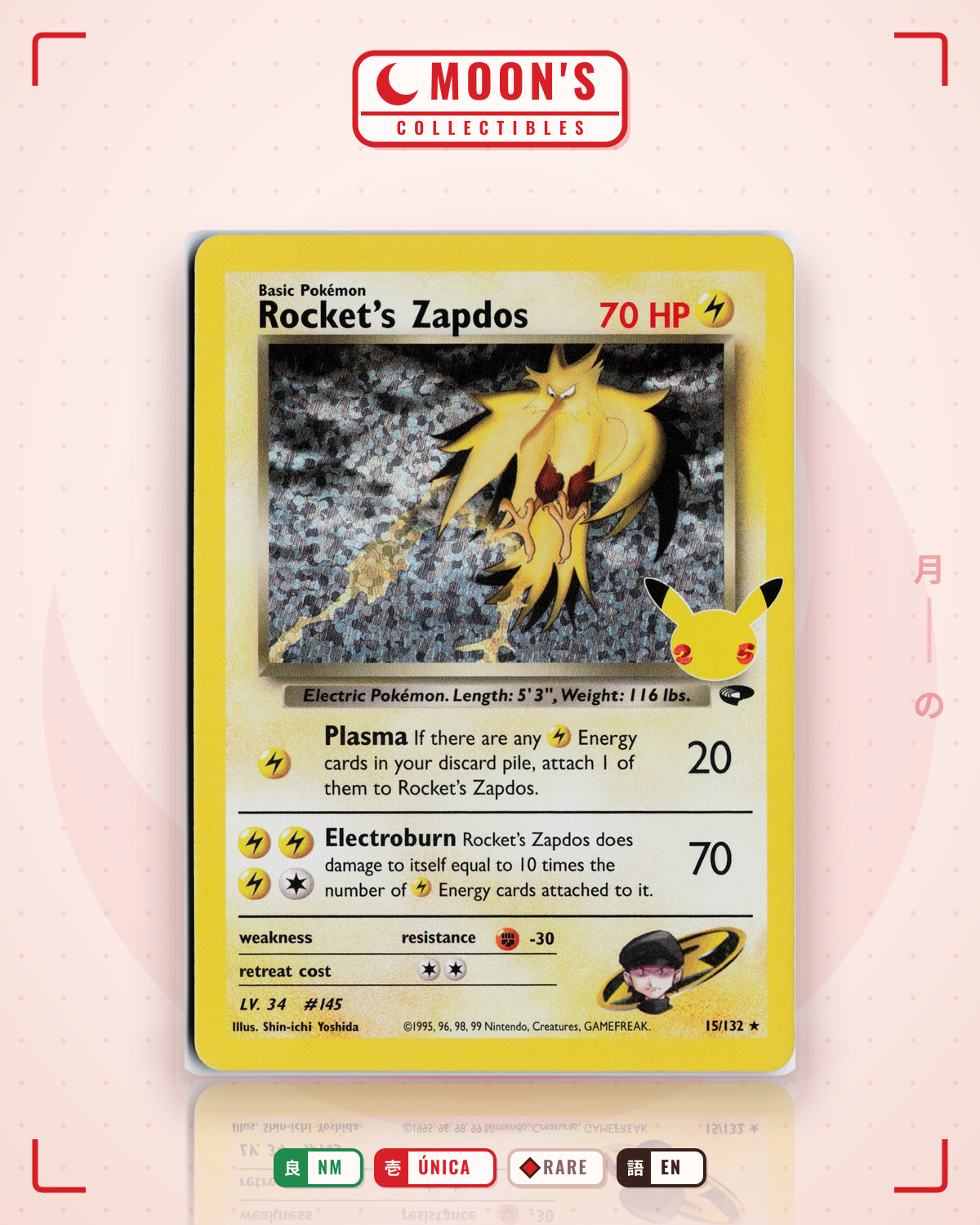 Carta Pokémon Rocket's Zapdos · Celebrations: Classic Collection #15 (NM) — pieza única en Moon's Collectibles México