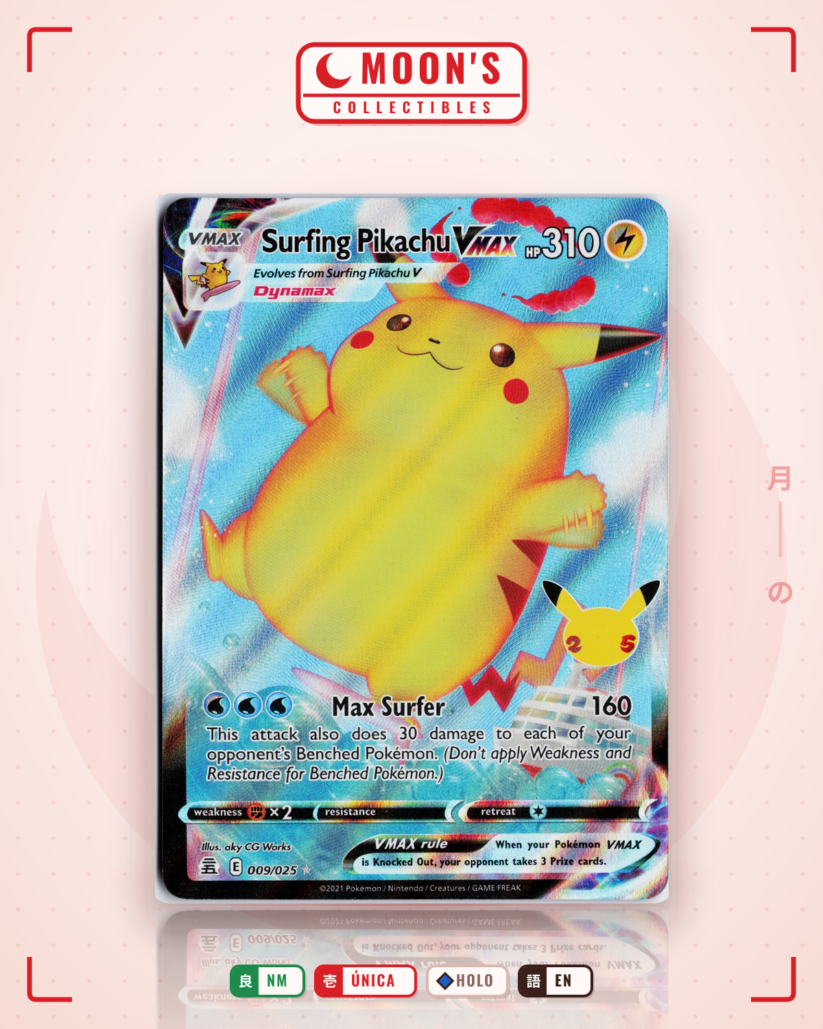 Carta Pokémon Surfing Pikachu VMAX · Celebrations #9 (NM) — pieza única en Moon's Collectibles México