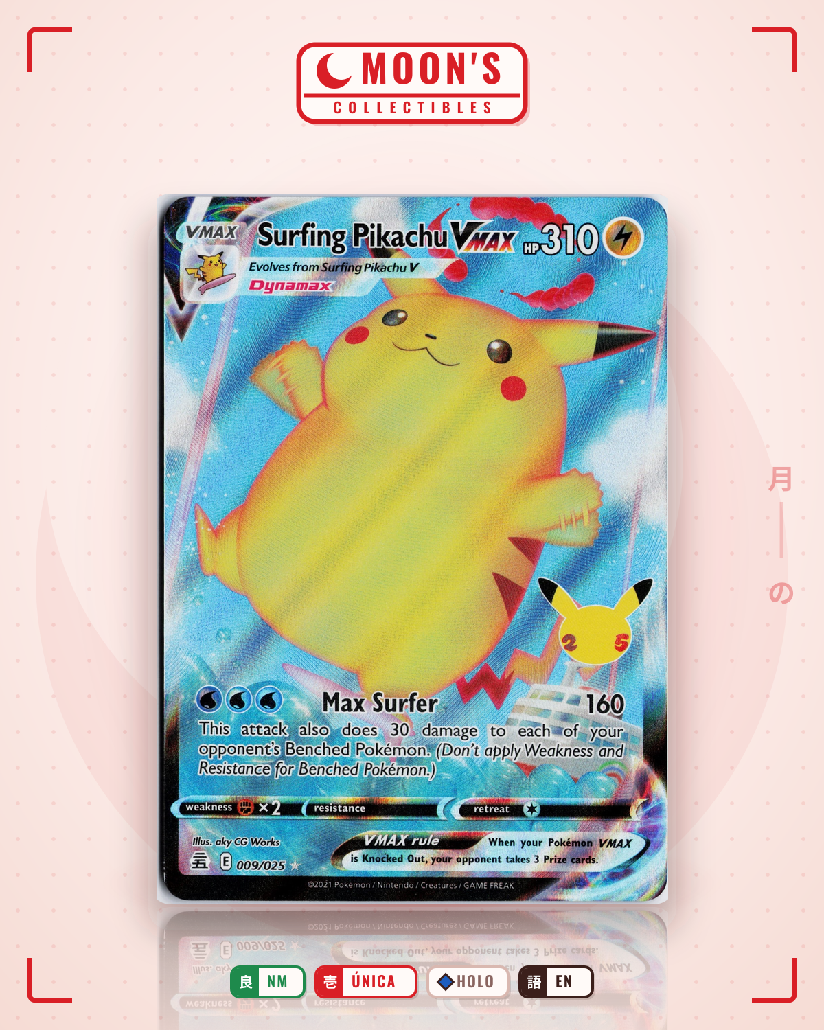 Carta Pokémon Surfing Pikachu VMAX · Celebrations #9 (NM) — pieza única en Moon's Collectibles México
