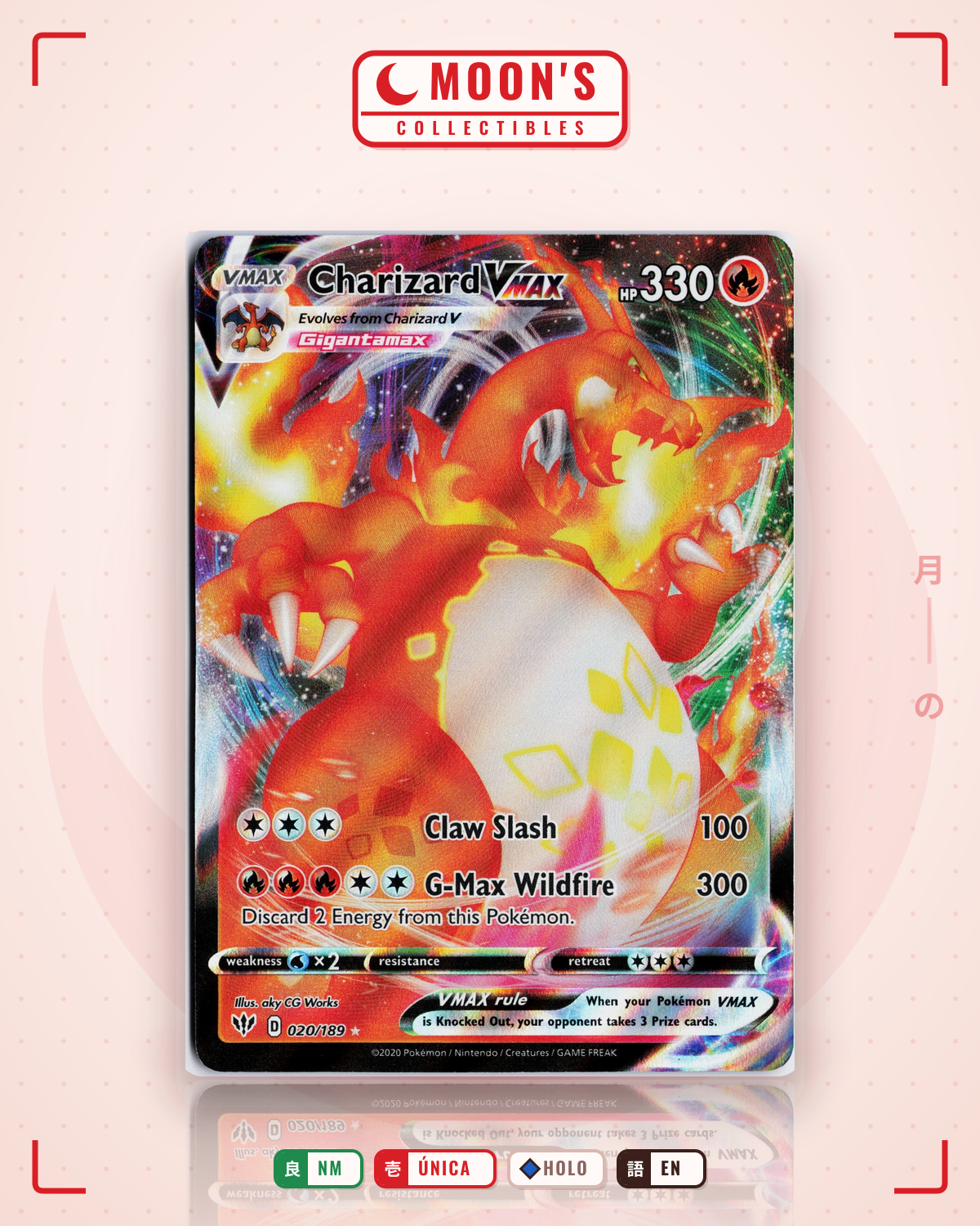 Carta Pokémon Charizard VMAX · Darkness Ablaze #020/189 (NM) — pieza única en Moon's Collectibles México