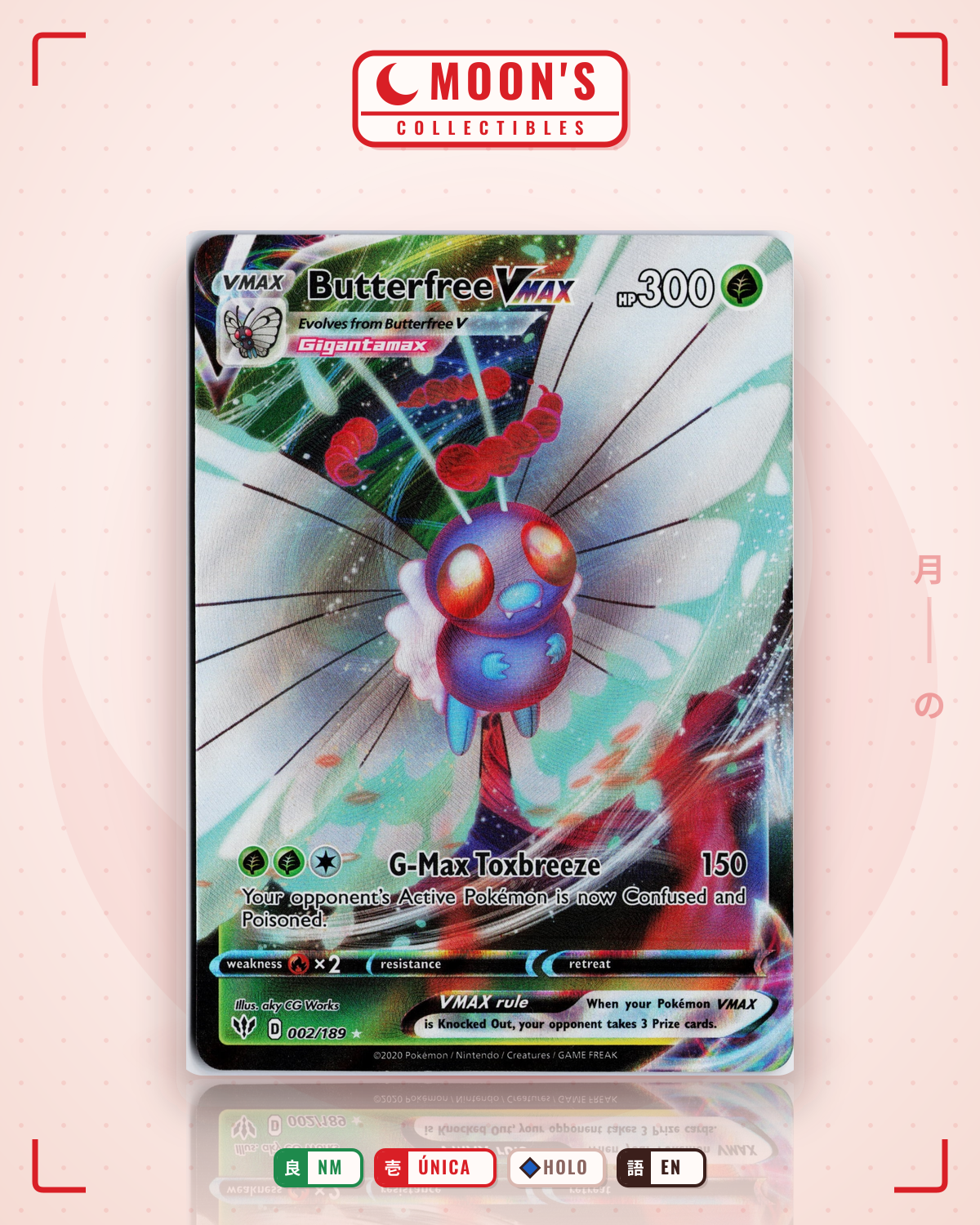 Carta Pokémon Butterfree VMAX · Darkness Ablaze #002/189 (NM) — pieza única en Moon's Collectibles México