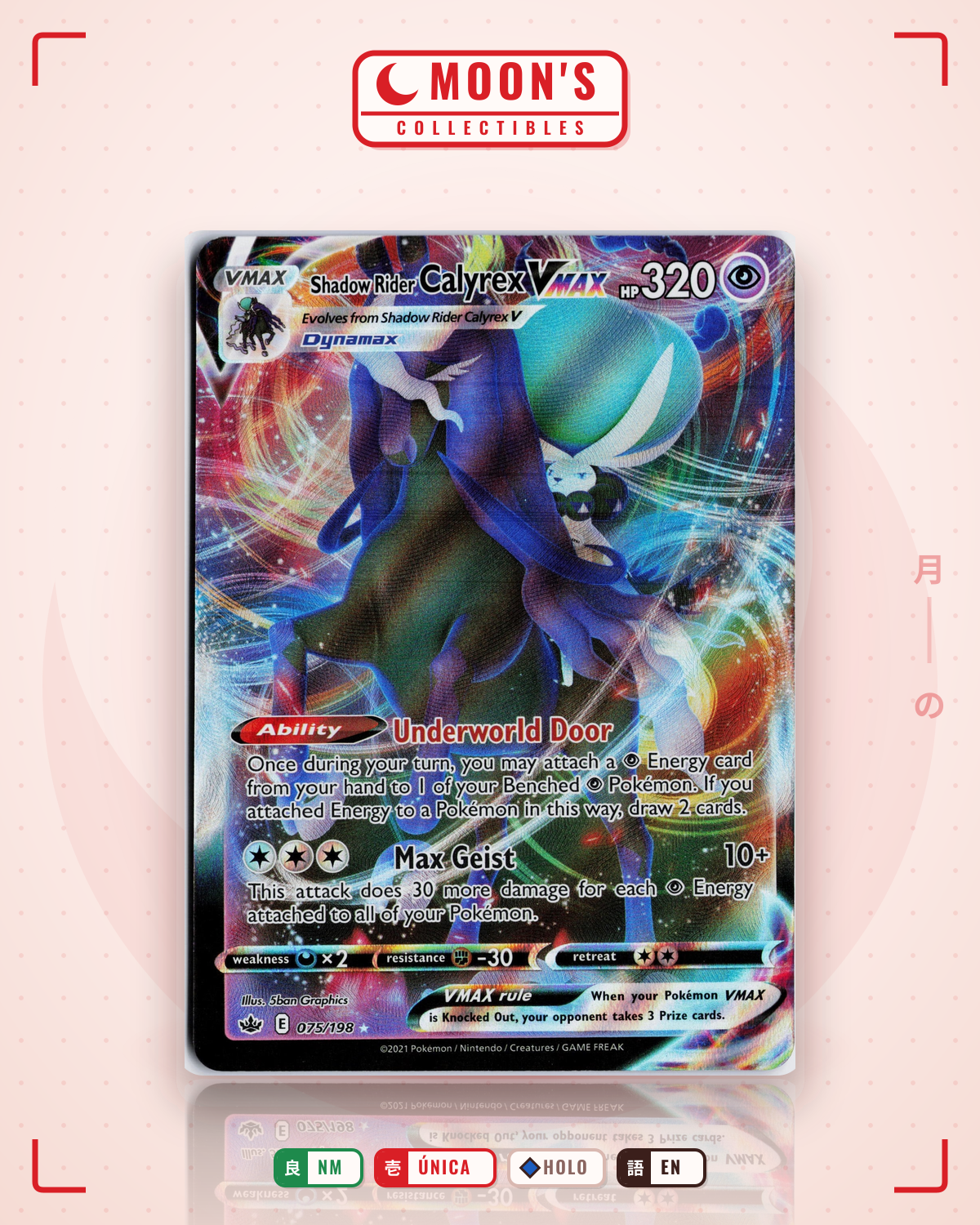 Carta Pokémon Shadow Rider Calyrex VMAX · Chilling Reign #075/198 (NM) — pieza única en Moon's Collectibles México