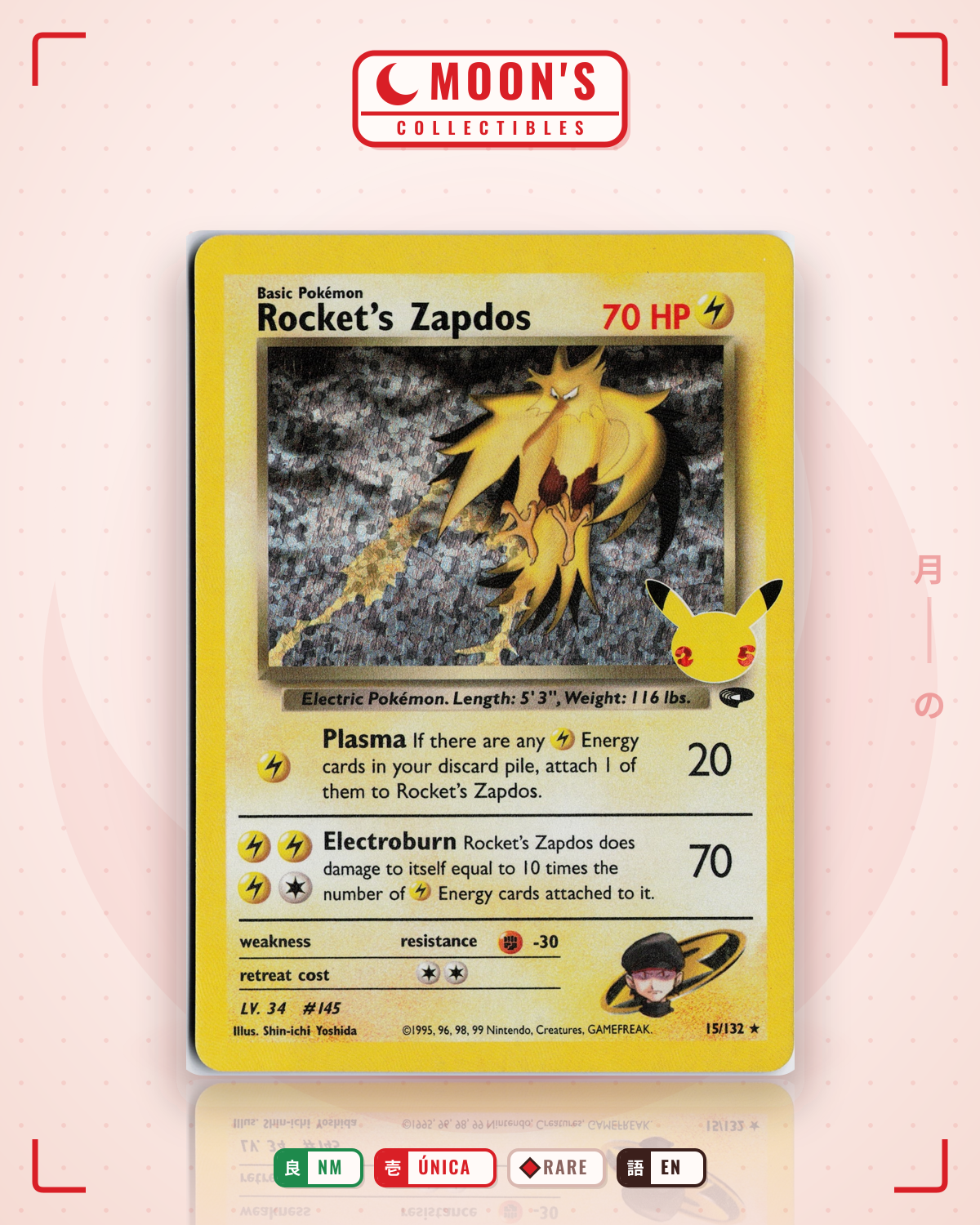 Carta Pokémon Rocket's Zapdos · Celebrations: Classic Collection #15 (NM) — pieza única en Moon's Collectibles México