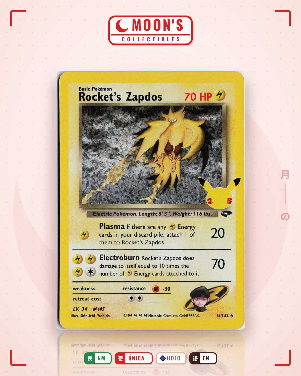 Carta Pokémon Rocket's Zapdos · Gym Challenge #15/132 (NM) — pieza única en Moon's Collectibles México