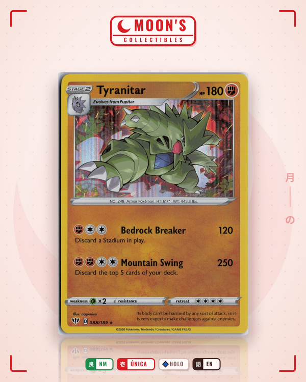 Carta Pokémon Tyranitar · Darkness Ablaze #088/189 (NM) — pieza única en Moon's Collectibles México