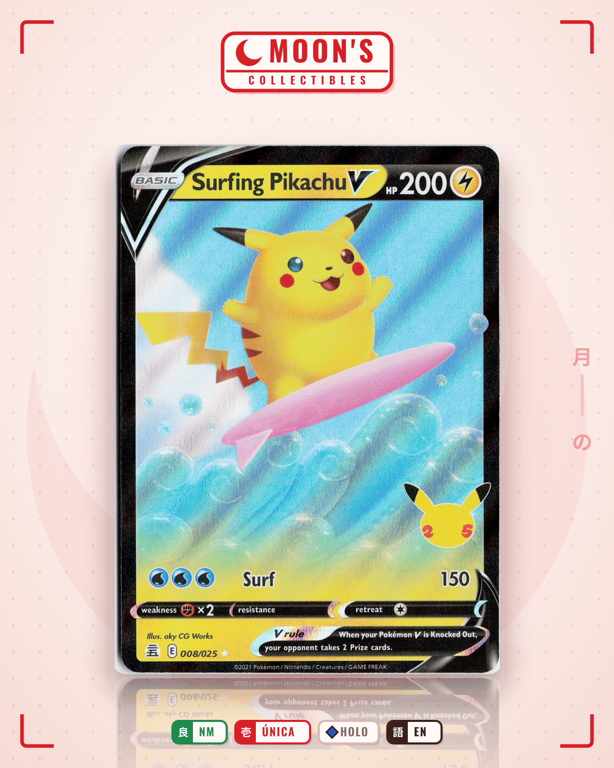 Carta Pokémon Surfing Pikachu V · Celebrations #8 (NM) — pieza única en Moon's Collectibles México