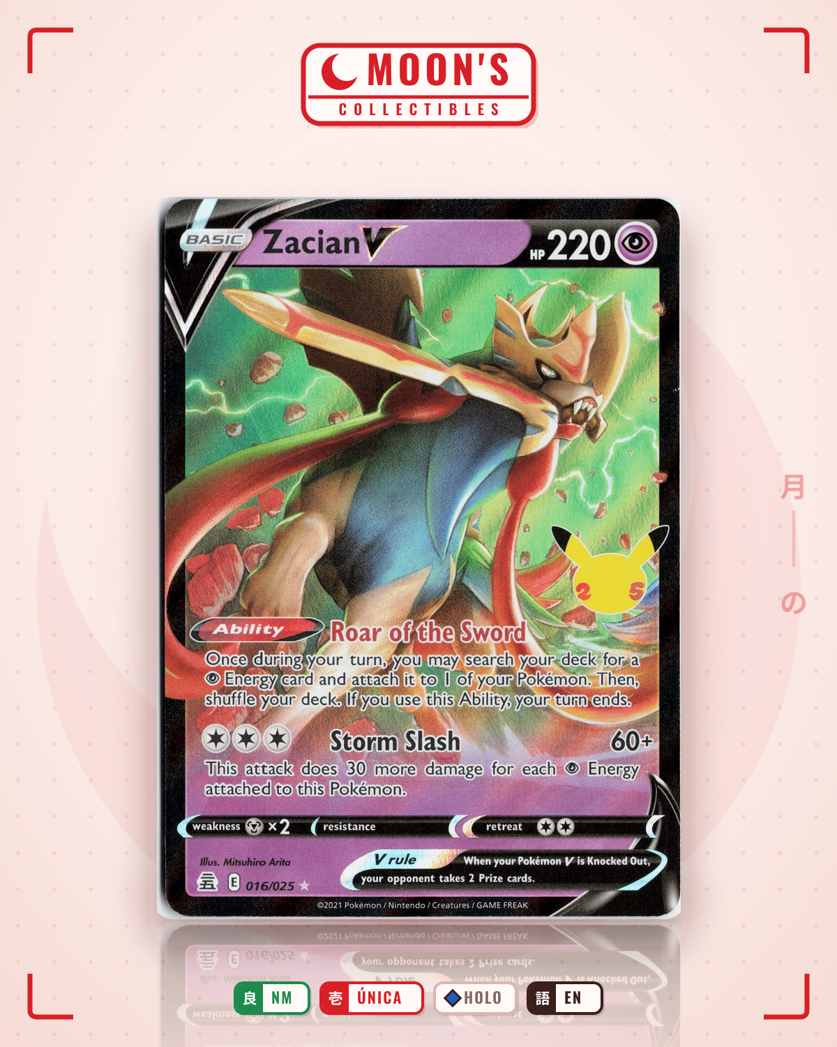 Carta Pokémon Zacian V · Celebrations #16 (NM) — pieza única en Moon's Collectibles México