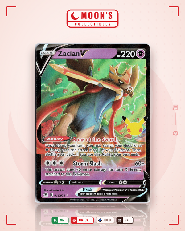 Carta Pokémon Zacian V · Celebrations #16 (NM) — pieza única en Moon's Collectibles México