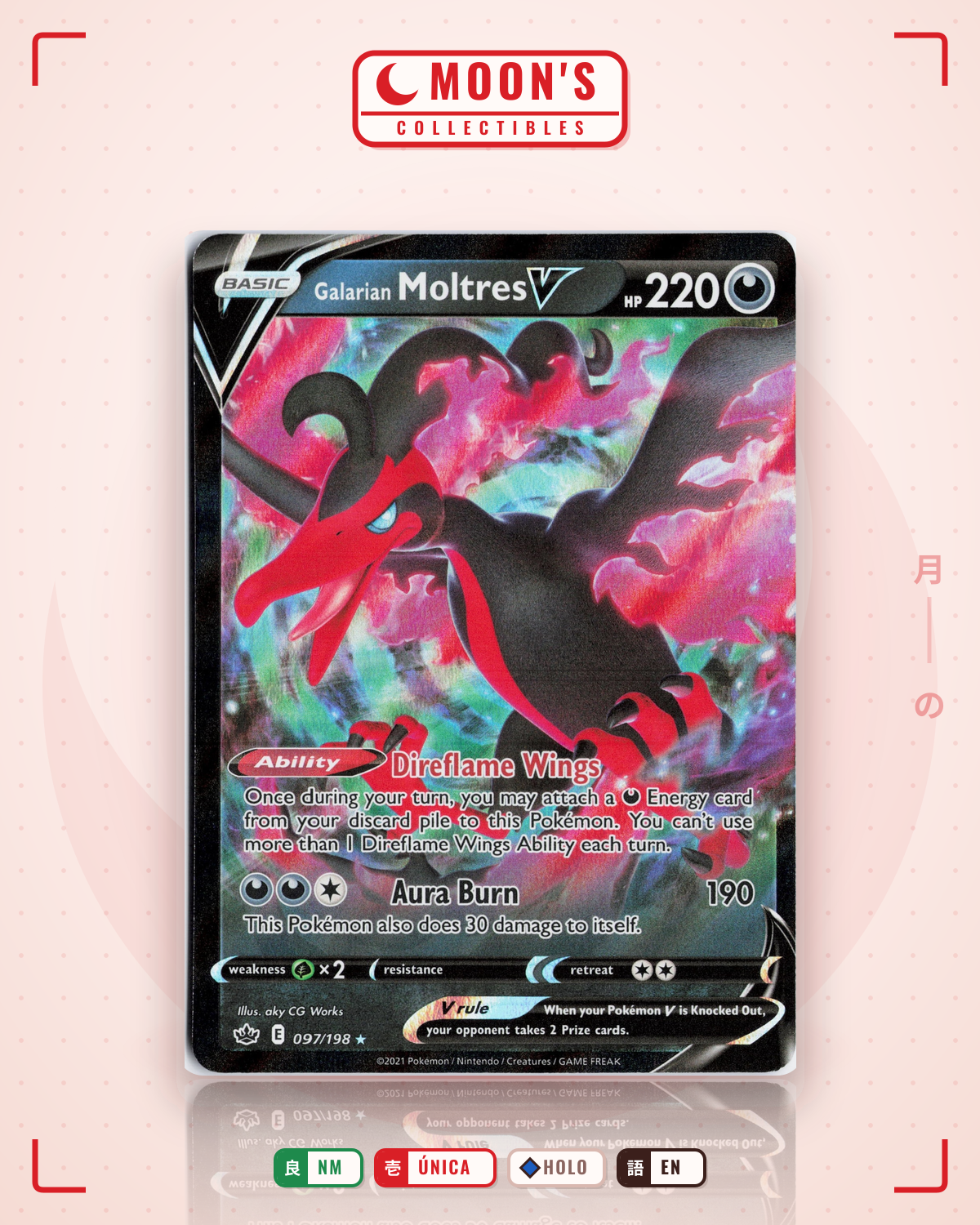 Carta Pokémon Galarian Moltres V · Chilling Reign #097/198 (NM) — pieza única en Moon's Collectibles México
