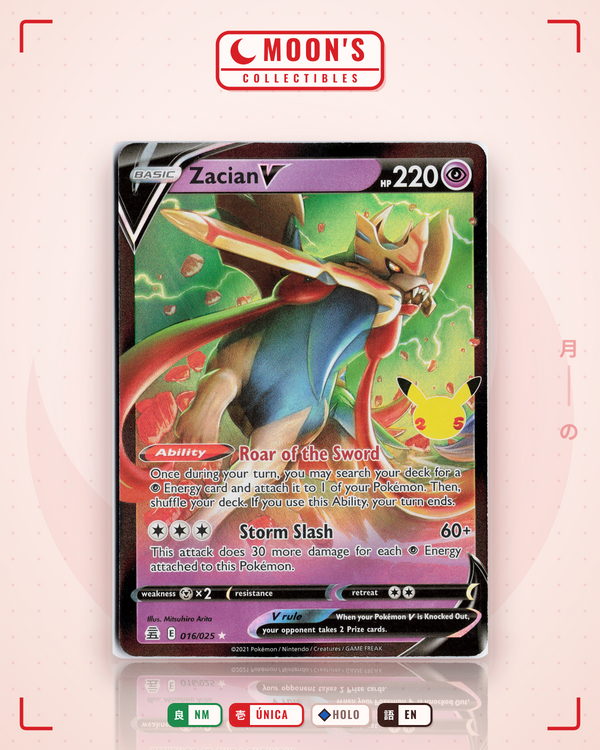 Carta Pokémon Zacian V · Celebrations #16 (NM) — pieza única en Moon's Collectibles México