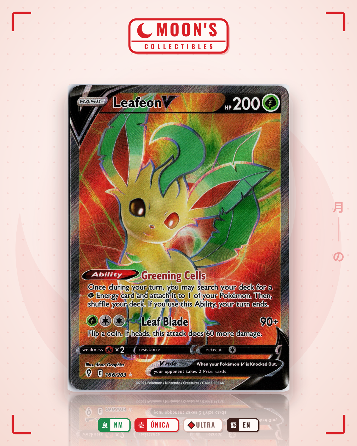 Carta Pokémon Leafeon V · Evolving Skies #166/203 (NM) — pieza única en Moon's Collectibles México