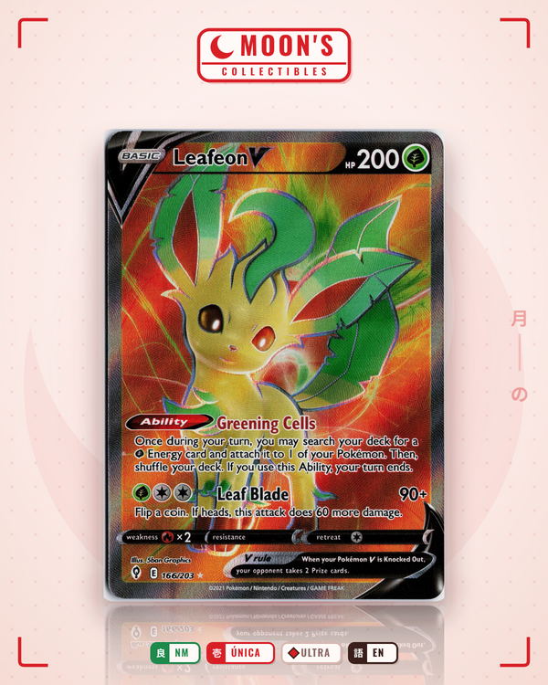 Carta Pokémon Leafeon V · Evolving Skies #166/203 (NM) — pieza única en Moon's Collectibles México