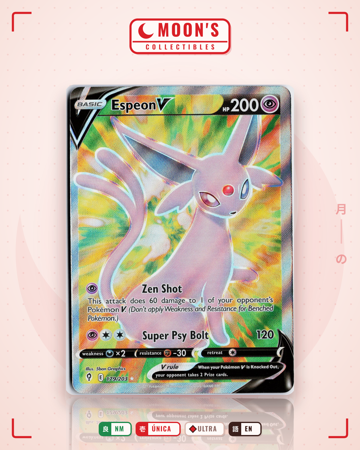 Carta Pokémon Espeon V · Evolving Skies #179/203 (NM) — pieza única en Moon's Collectibles México