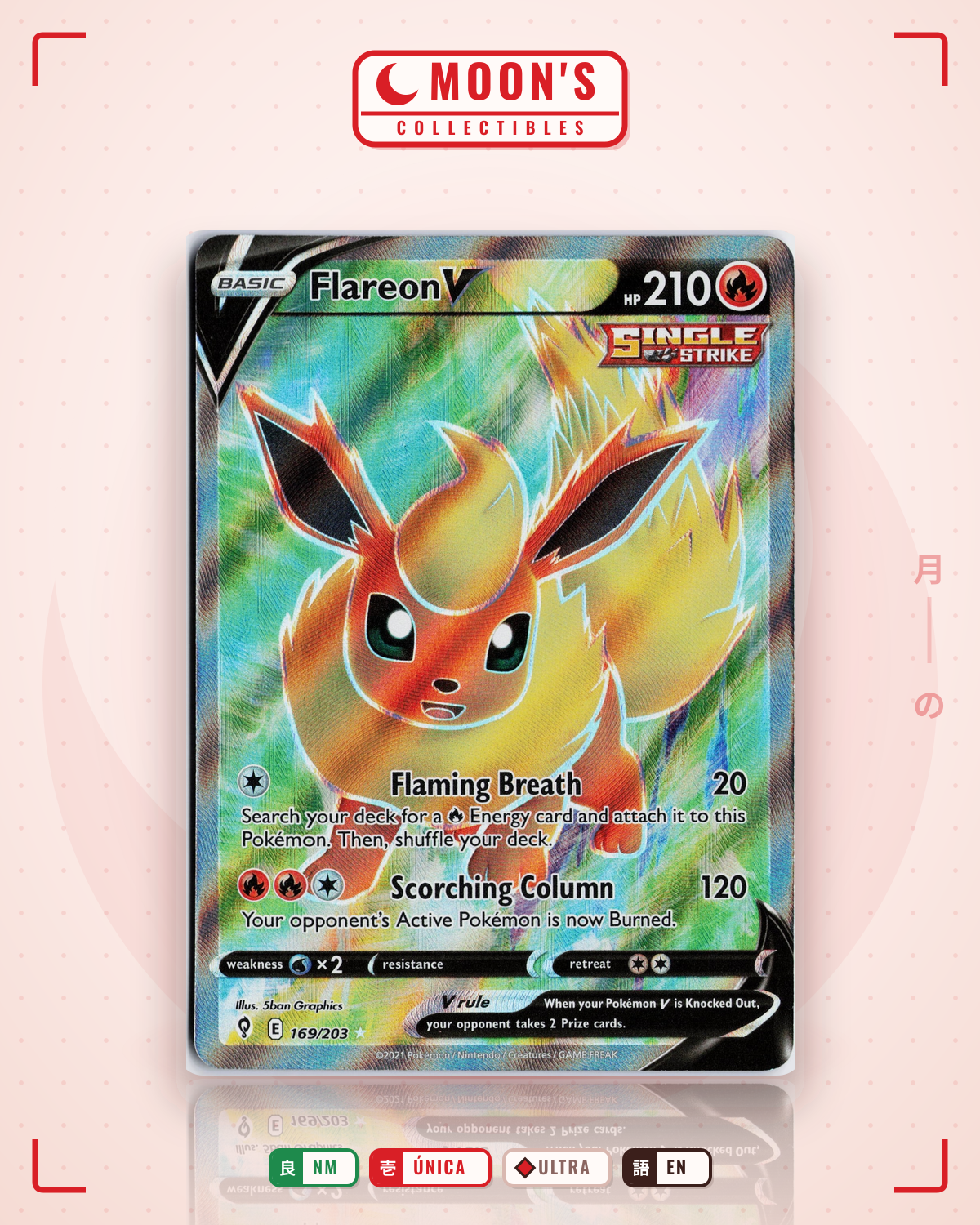 Carta Pokémon Flareon V · Evolving Skies #169/203 (NM) — pieza única en Moon's Collectibles México