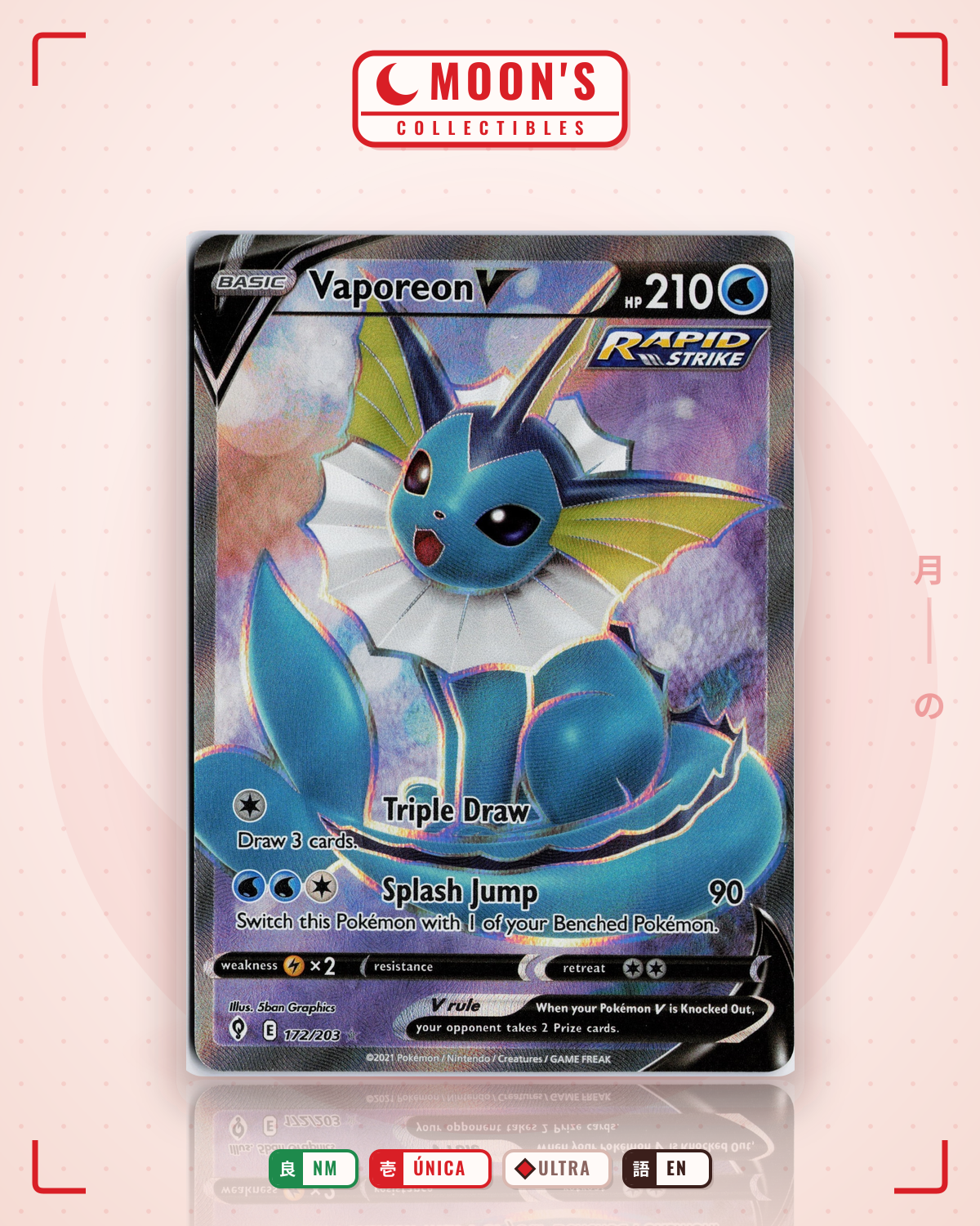 Carta Pokémon Vaporeon V · Evolving Skies #172/203 (NM) — pieza única en Moon's Collectibles México