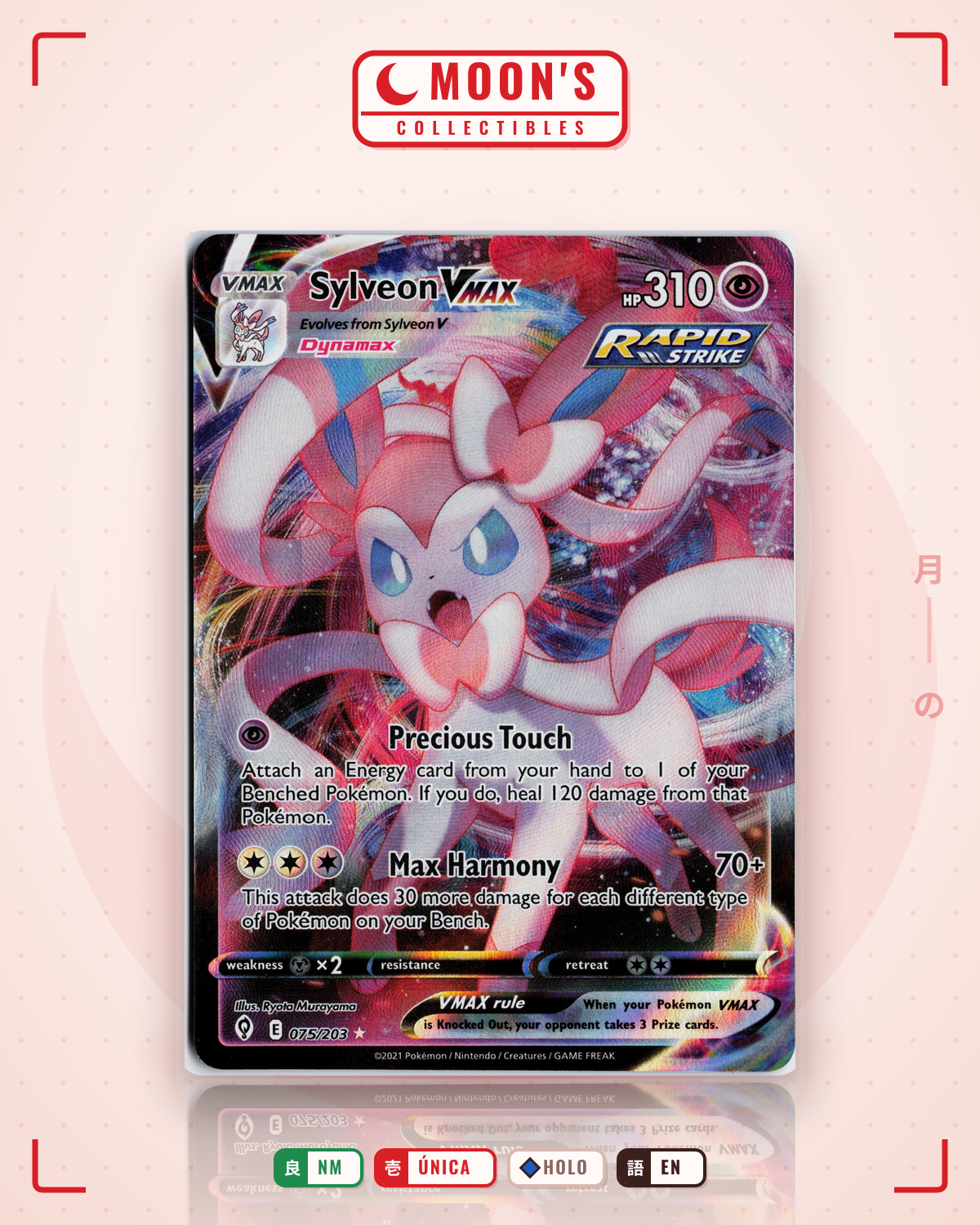Carta Pokémon Sylveon VMAX · Evolving Skies #075/203 (NM) — pieza única en Moon's Collectibles México