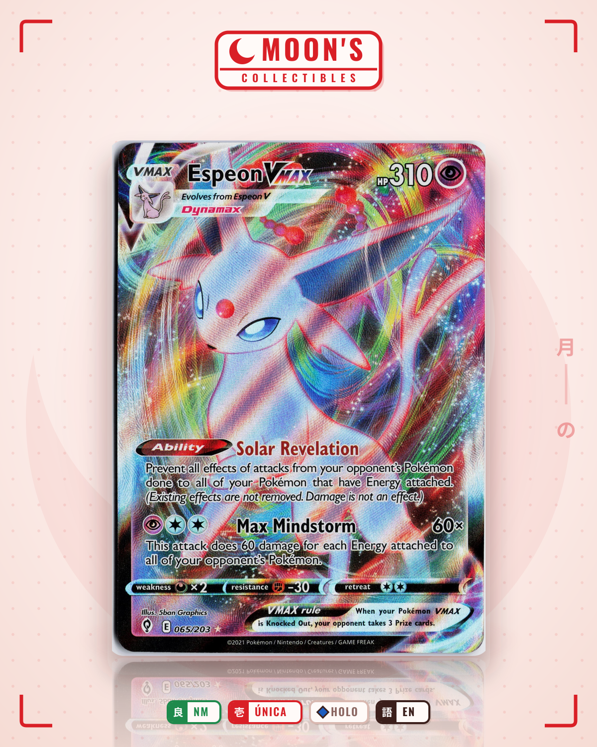 Carta Pokémon Espeon VMAX · Evolving Skies #065/203 (NM) — pieza única en Moon's Collectibles México