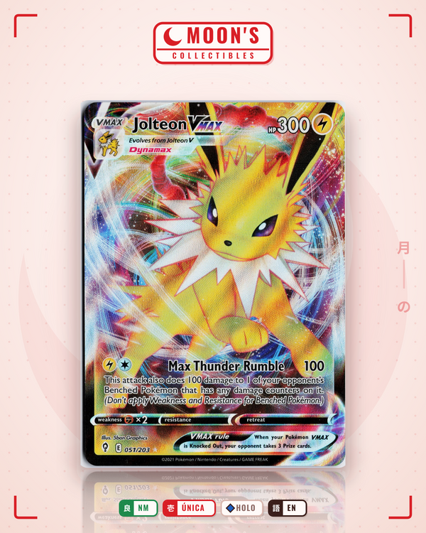 Carta Pokémon Jolteon VMAX · Evolving Skies #051/203 (NM) — pieza única en Moon's Collectibles México