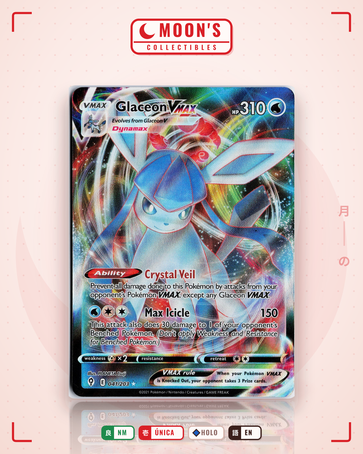 Carta Pokémon Glaceon VMAX · Evolving Skies #041/203 (NM) — pieza única en Moon's Collectibles México
