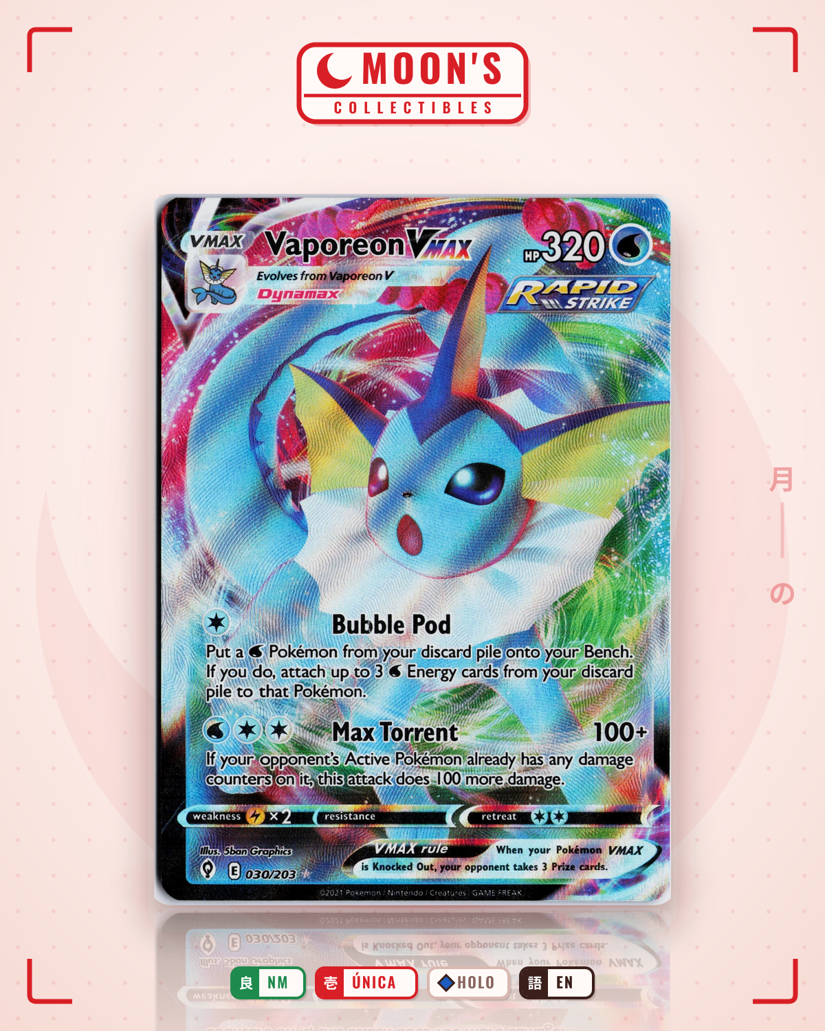 Carta Pokémon Vaporeon VMAX · Evolving Skies #030/203 (NM) — pieza única en Moon's Collectibles México