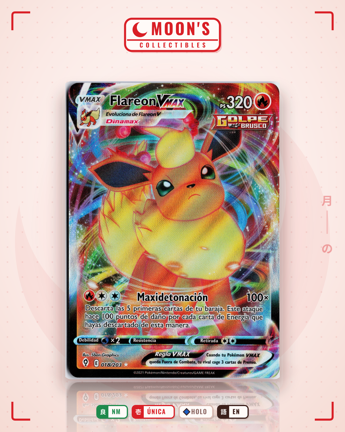 Carta Pokémon Flareon VMAX · Evolving Skies #018/203 (NM) — pieza única en Moon's Collectibles México