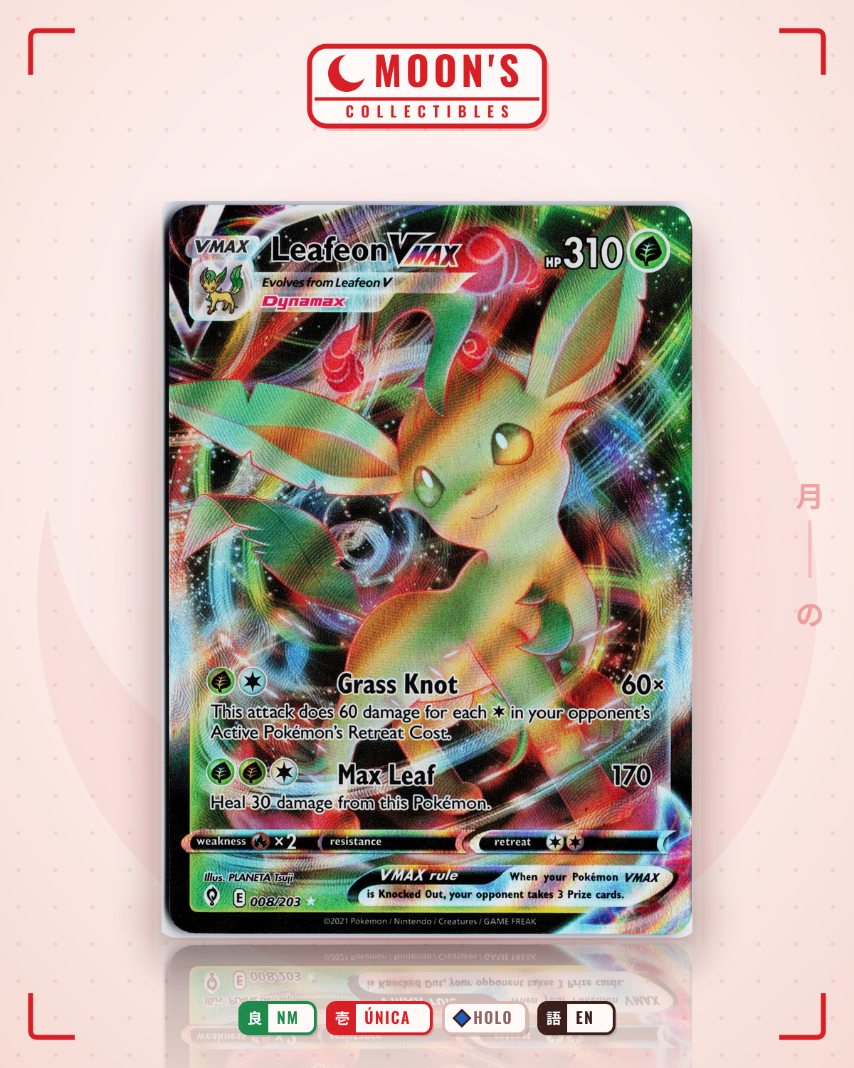 Carta Pokémon Leafeon VMAX · Evolving Skies #008/203 (NM) — pieza única en Moon's Collectibles México