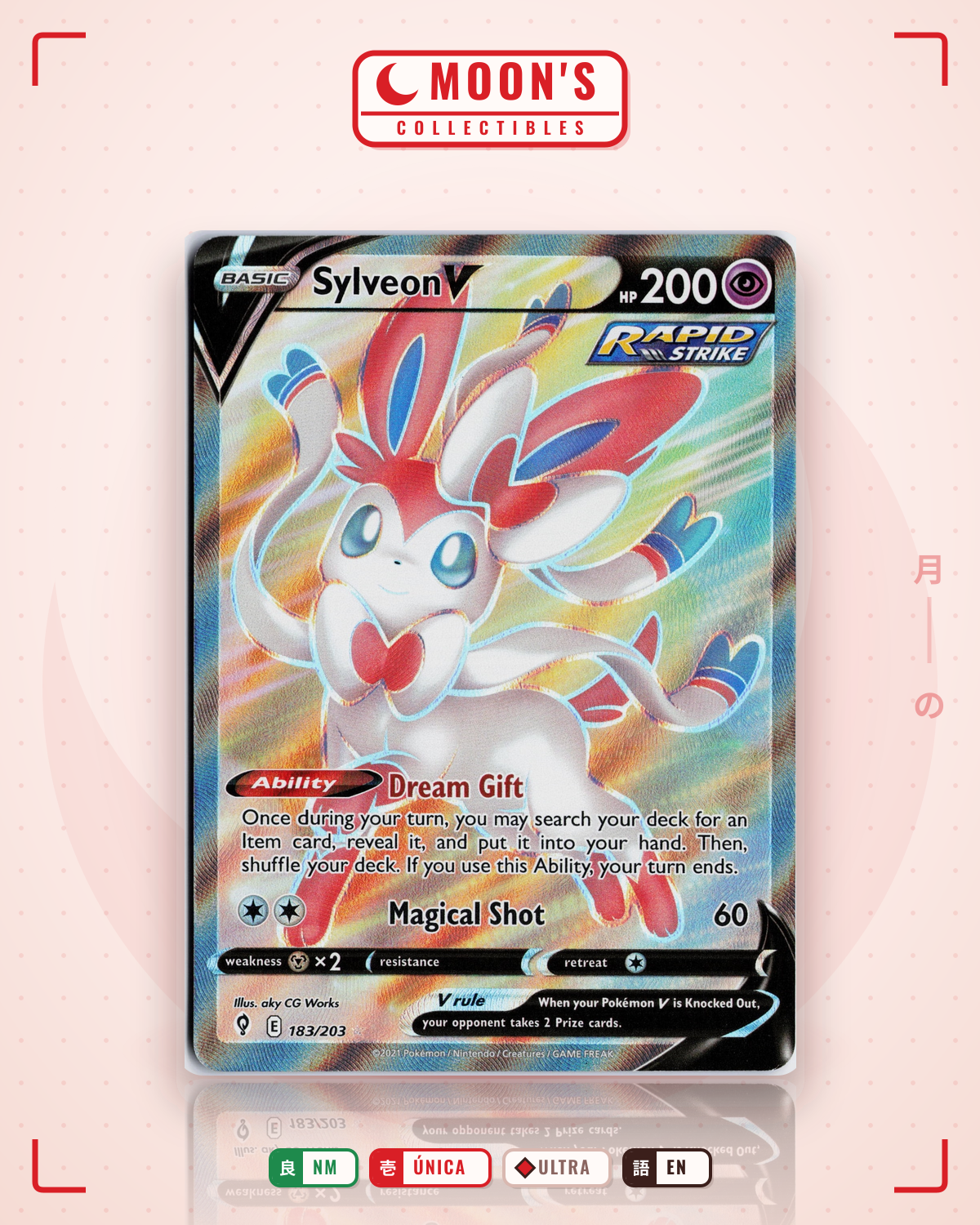 Carta Pokémon Sylveon V · Evolving Skies #183/203 (NM) — pieza única en Moon's Collectibles México