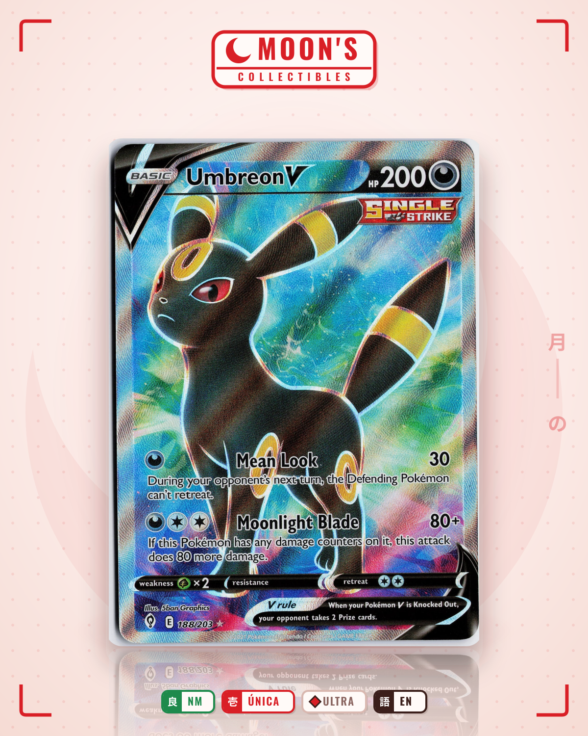 Carta Pokémon Umbreon V · Evolving Skies #188/203 (NM) — pieza única en Moon's Collectibles México