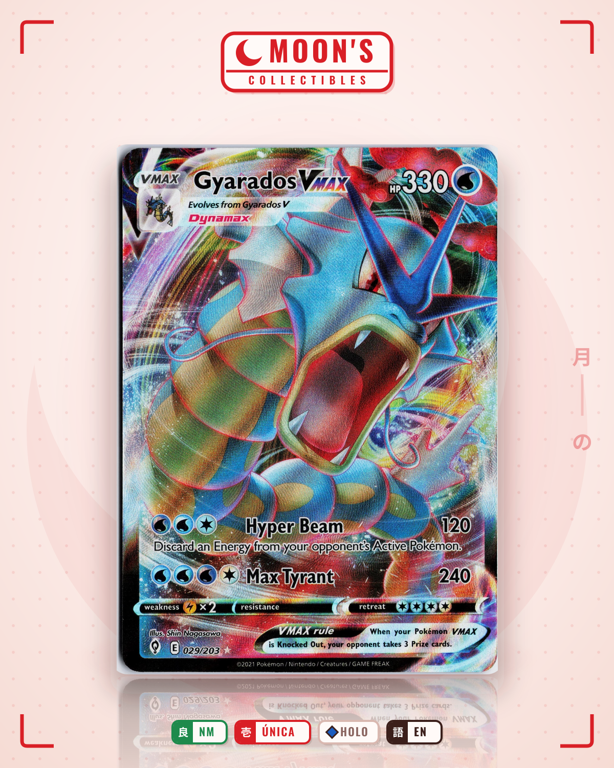 Carta Pokémon Gyarados VMAX · Evolving Skies #029/203 (NM) — pieza única en Moon's Collectibles México