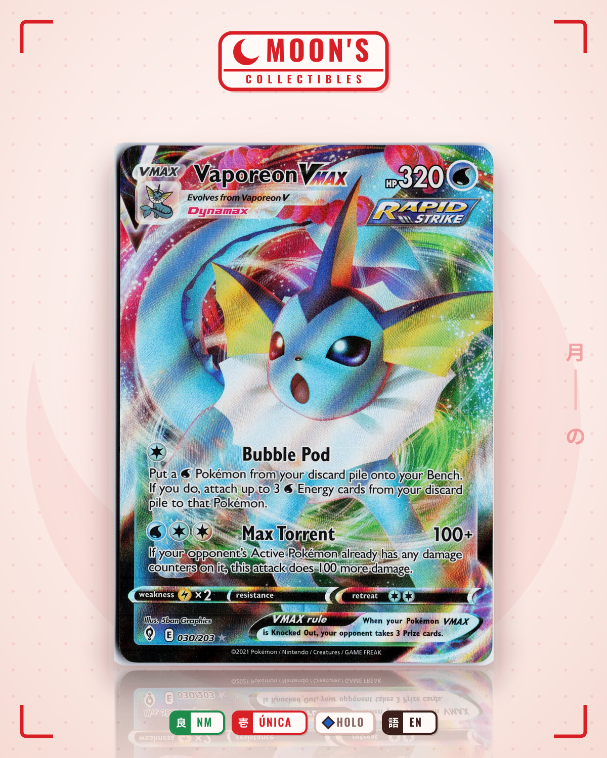 Carta Pokémon Vaporeon VMAX · Evolving Skies #030/203 (NM) — pieza única en Moon's Collectibles México