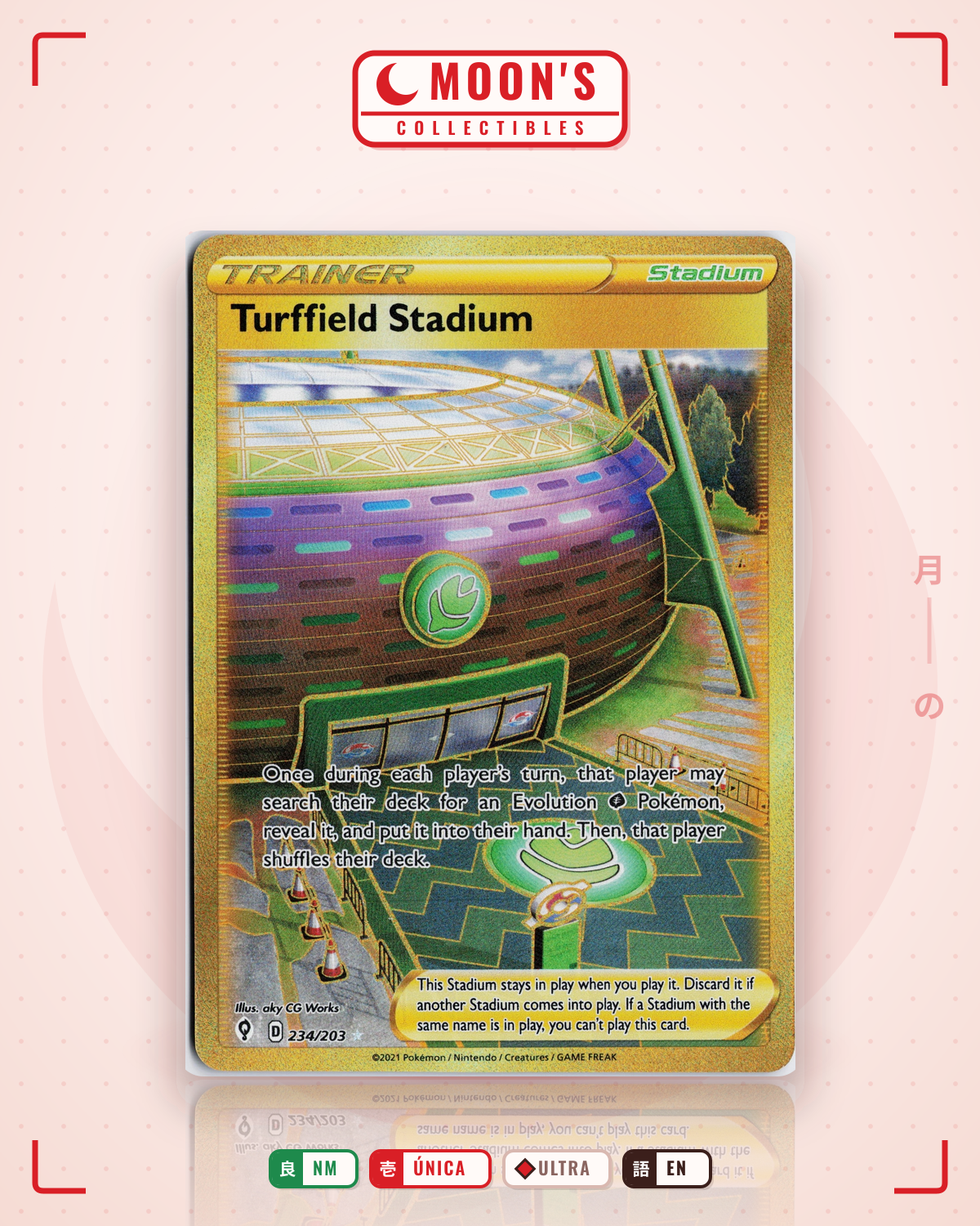 Carta Pokémon Turffield Stadium · Evolving Skies #234/203 (NM) — pieza única en Moon's Collectibles México