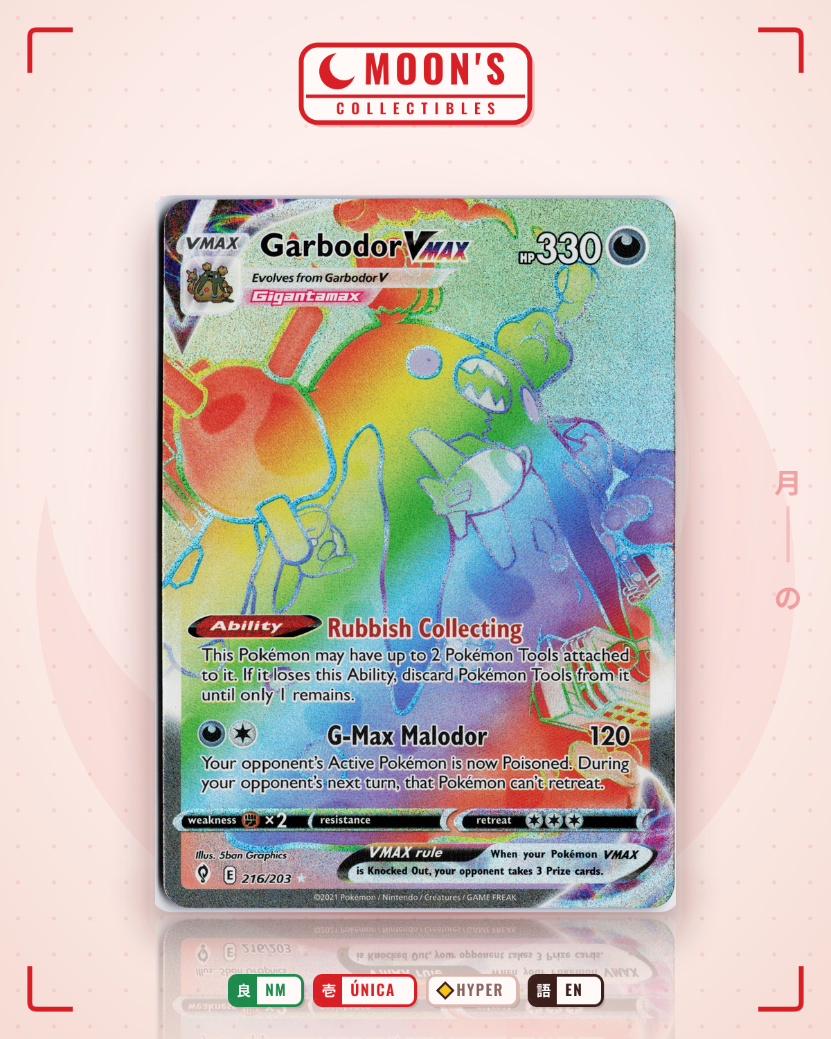 Carta Pokémon Garbodor VMAX · Evolving Skies #216/203 (NM) — pieza única en Moon's Collectibles México