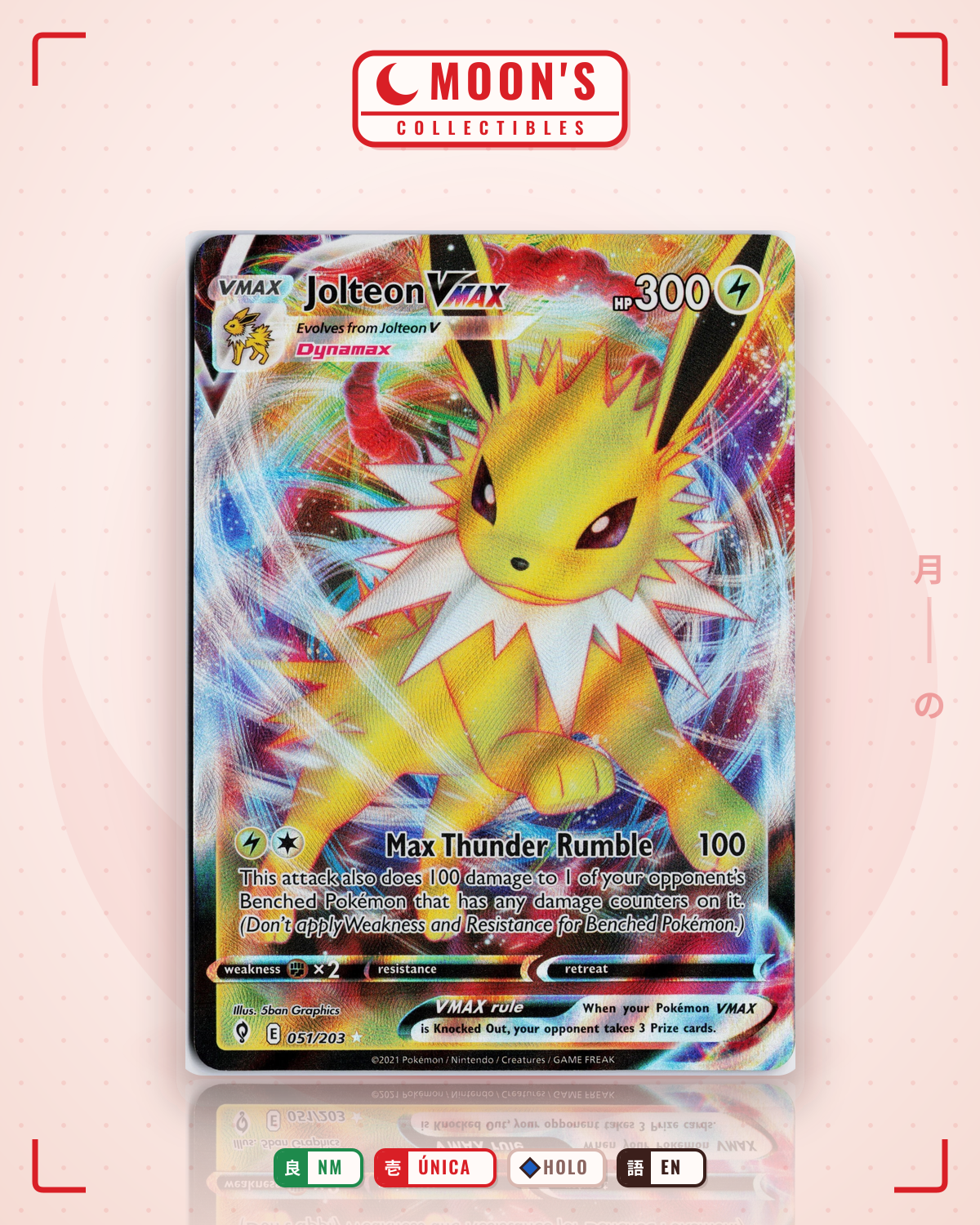 Carta Pokémon Jolteon VMAX · Evolving Skies #051/203 (NM) — pieza única en Moon's Collectibles México