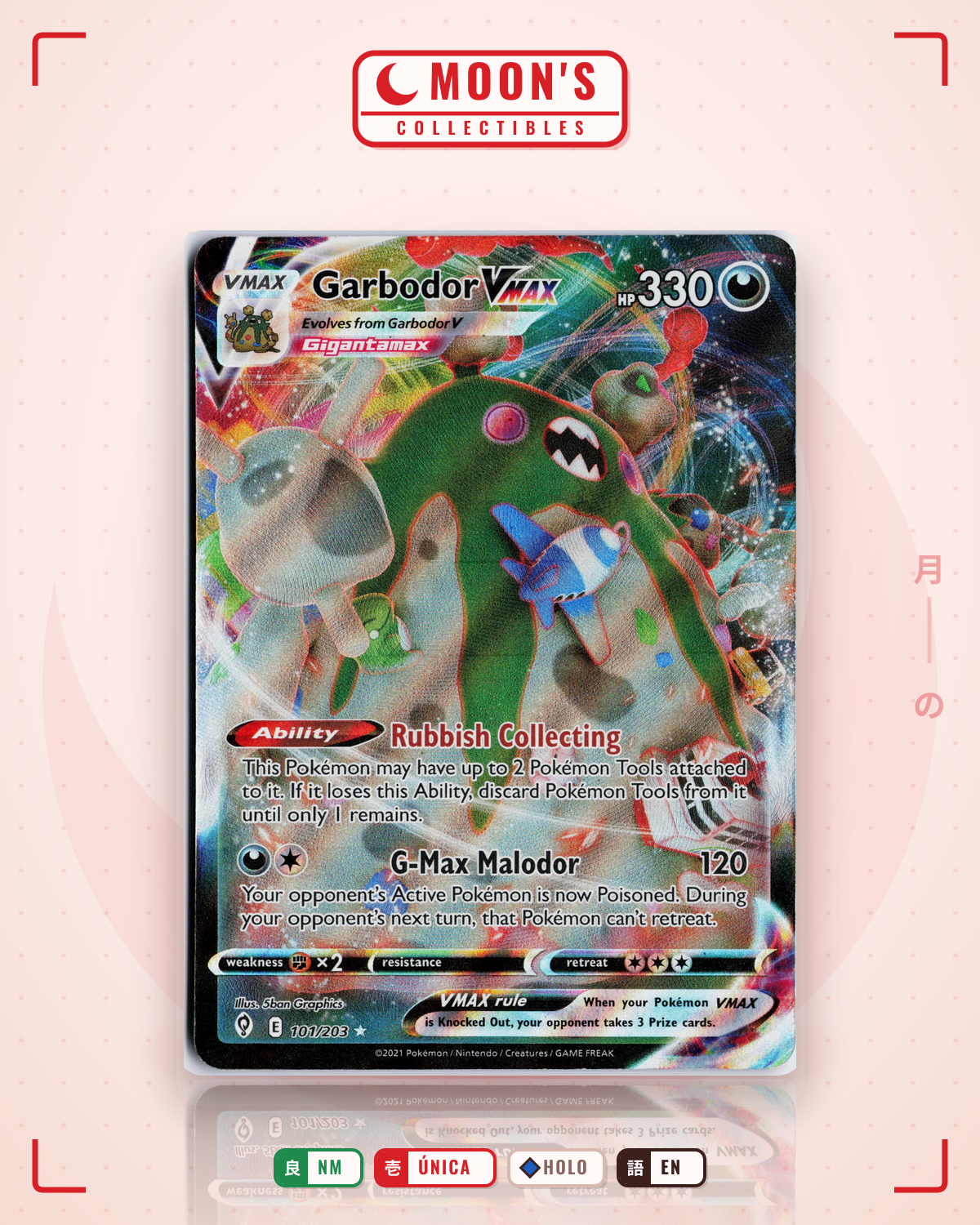Carta Pokémon Garbodor VMAX · Evolving Skies #101/203 (NM) — pieza única en Moon's Collectibles México