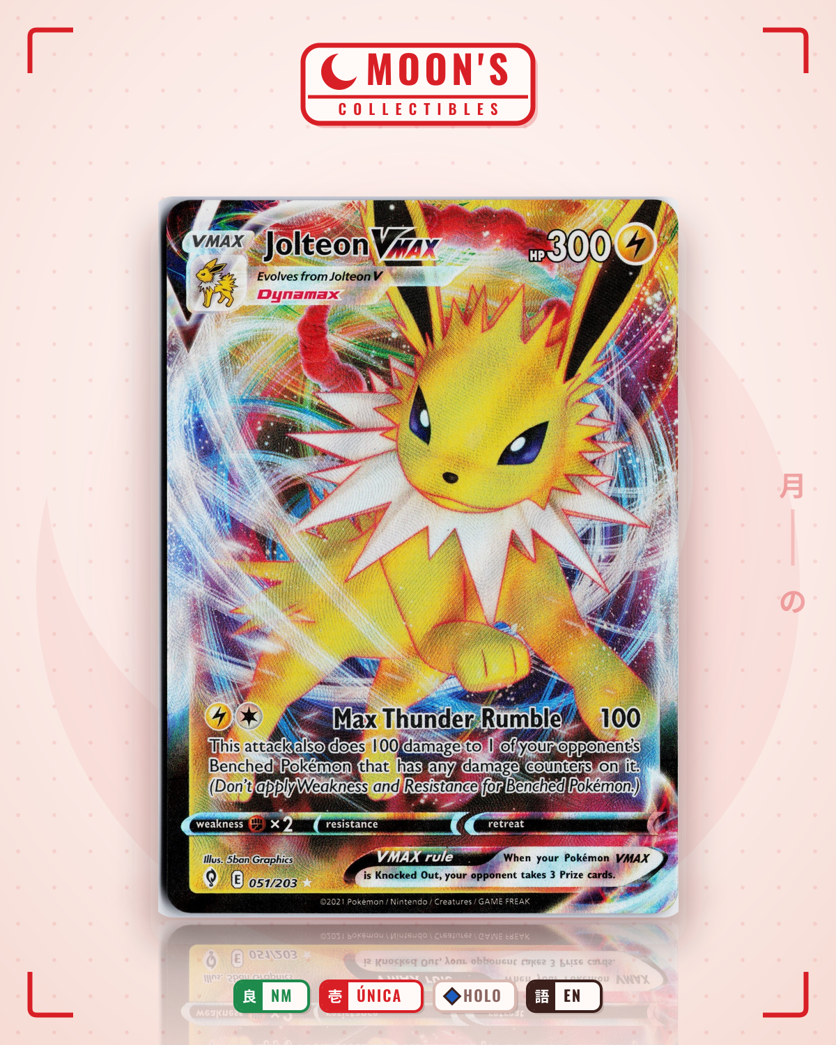 Carta Pokémon Jolteon VMAX · Evolving Skies #051/203 (NM) — pieza única en Moon's Collectibles México