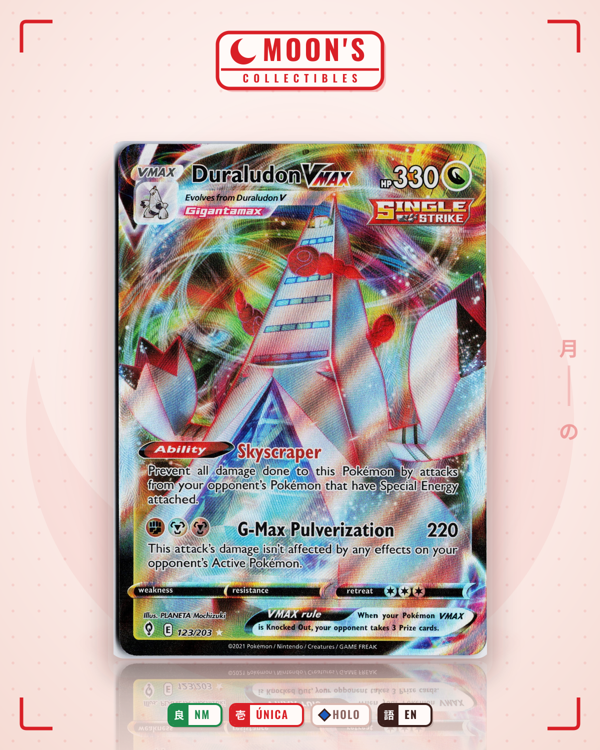 Carta Pokémon Duraludon VMAX · Evolving Skies #123/203 (NM) — pieza única en Moon's Collectibles México