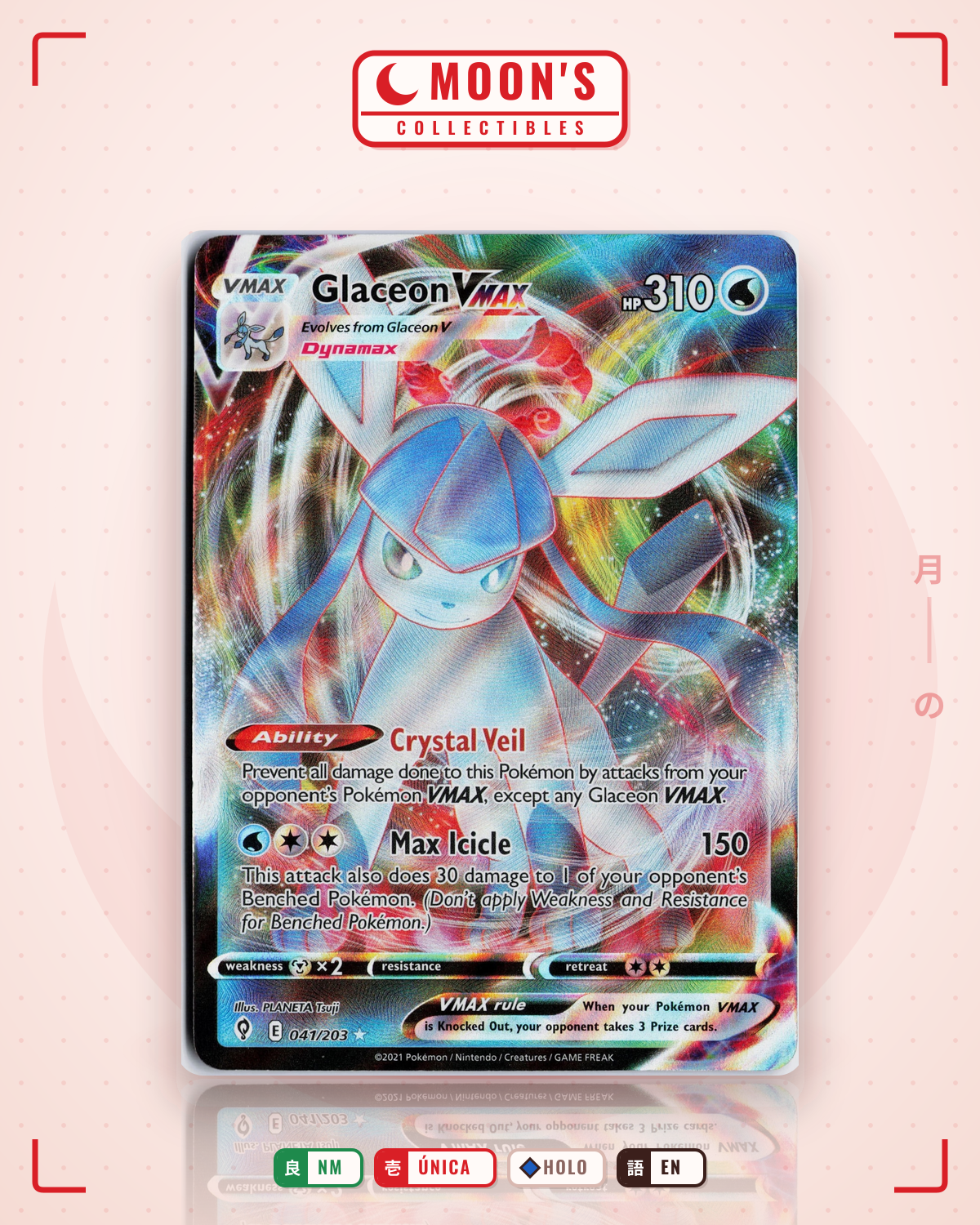Carta Pokémon Glaceon VMAX · Evolving Skies #041/203 (NM) — pieza única en Moon's Collectibles México